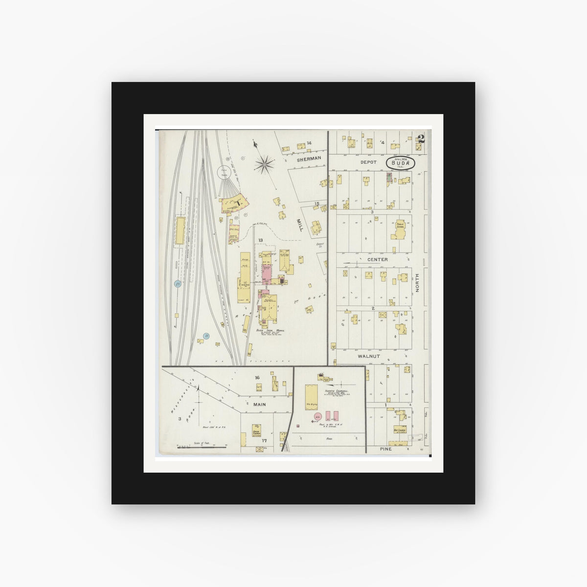 Old map wall art mockup — black gallery frame with white mat — Sanborn Fire Insurance Map from Buda, Bureau County, Illinois (1894), Sheet #0002