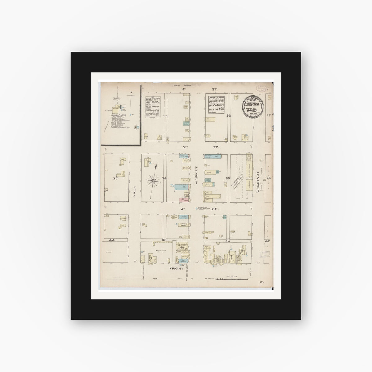 Old map wall art mockup — black gallery frame with white mat — Sanborn Fire Insurance Map from Baird, Callahan County, Texas (1885), Sheet #0001