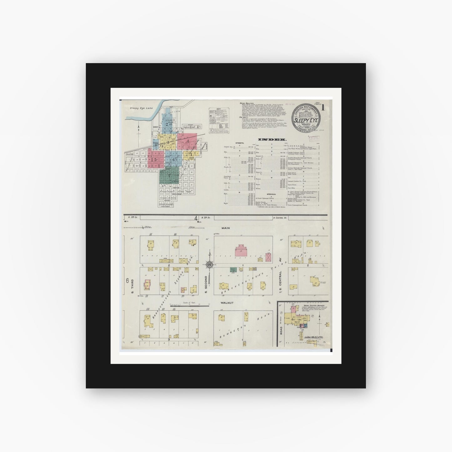 Old map wall art mockup — black gallery frame with white mat — Sanborn Fire Insurance Map from Sleepy Eye, Brown County, Minnesota (1909) - Complete Map Set
