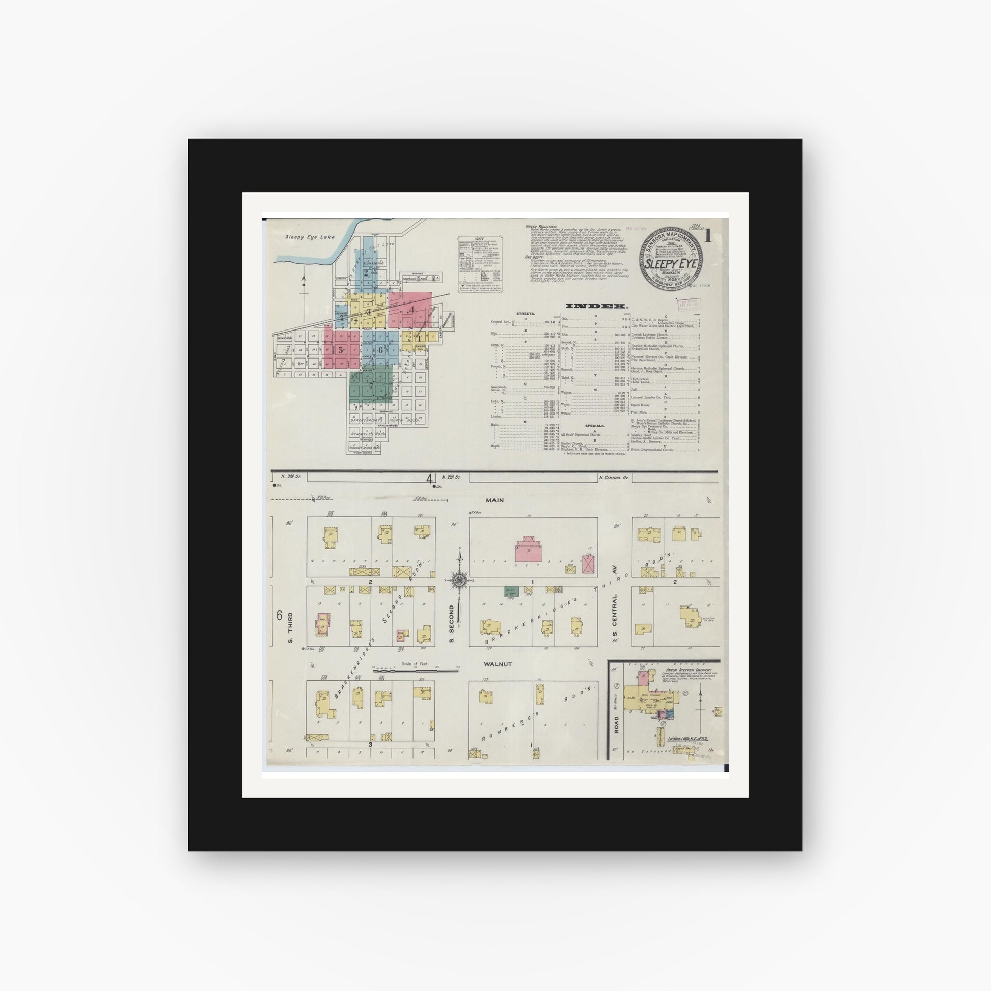 Old map wall art mockup — black gallery frame with white mat — Sanborn Fire Insurance Map from Sleepy Eye, Brown County, Minnesota (1909) - Complete Map Set