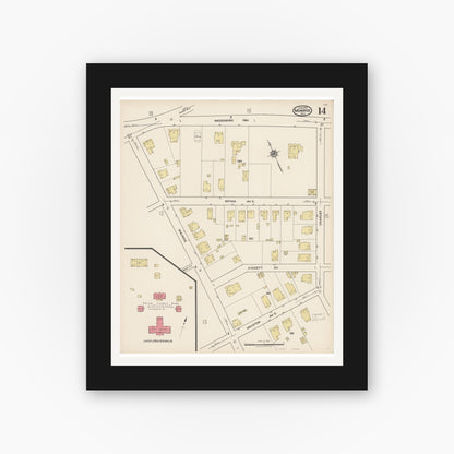 Old map wall art mockup — black gallery frame with white mat — Sanborn Fire Insurance Map from Monroe, Union County, North Carolina (1922), Sheet #0014