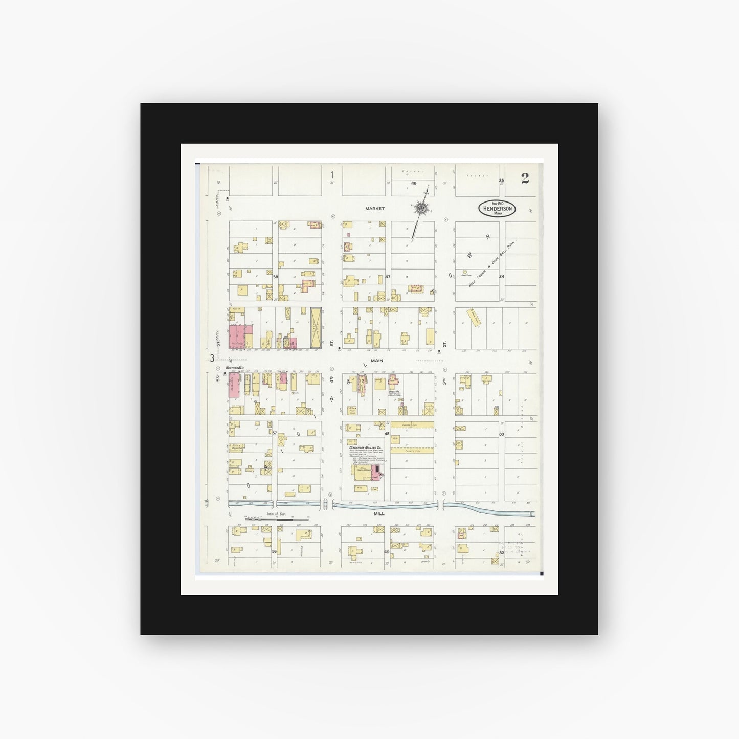 Old map wall art mockup — black gallery frame with white mat — Sanborn Fire Insurance Map from Henderson, Sibley County, Minnesota (1910), Sheet #0002