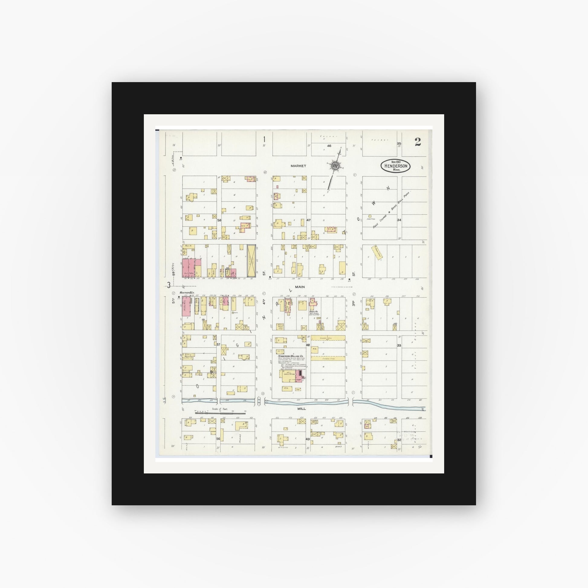 Old map wall art mockup — black gallery frame with white mat — Sanborn Fire Insurance Map from Henderson, Sibley County, Minnesota (1910), Sheet #0002