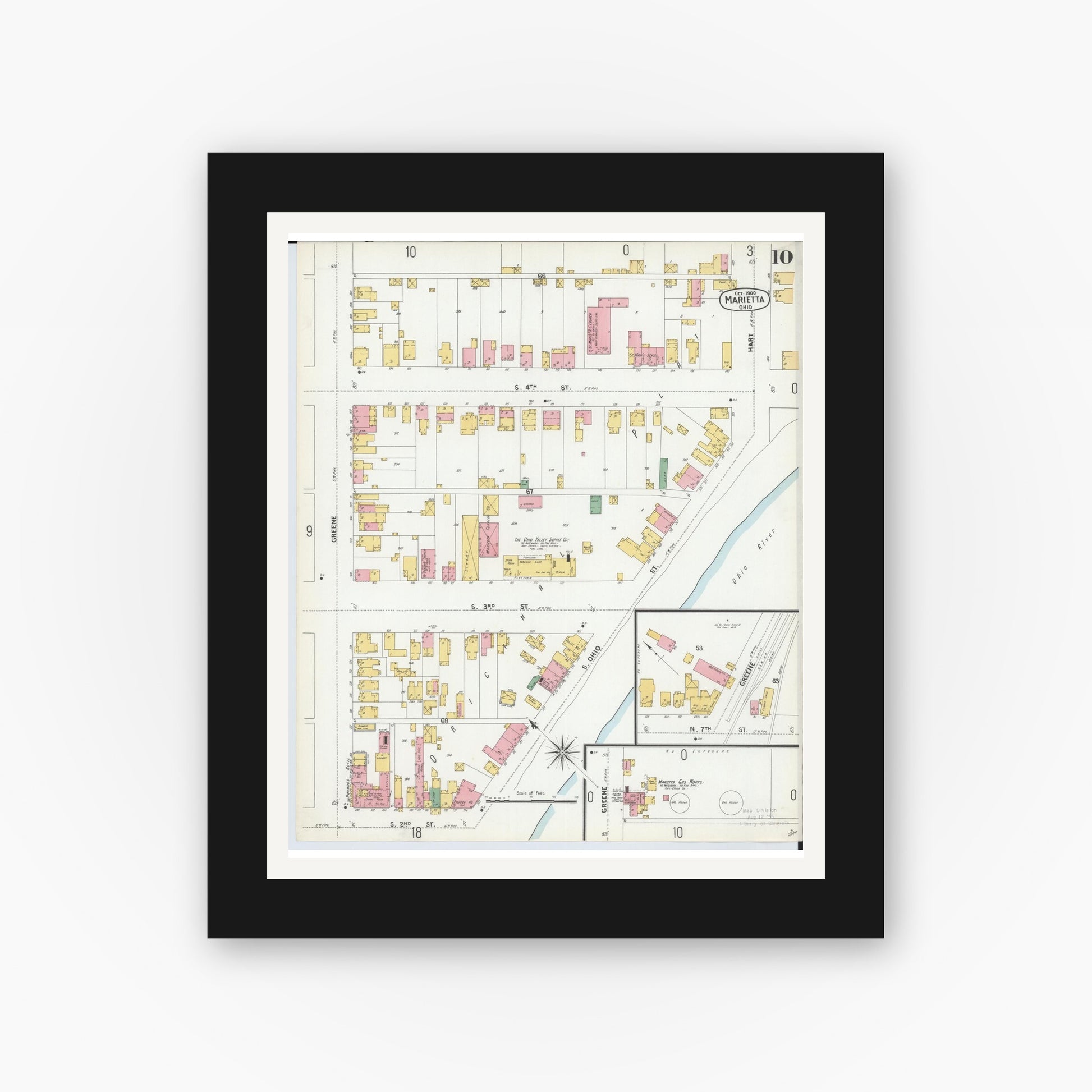 Old map wall art mockup — black gallery frame with white mat — Sanborn Fire Insurance Map from Marietta, Washington County, Ohio (1900), Sheet #0010