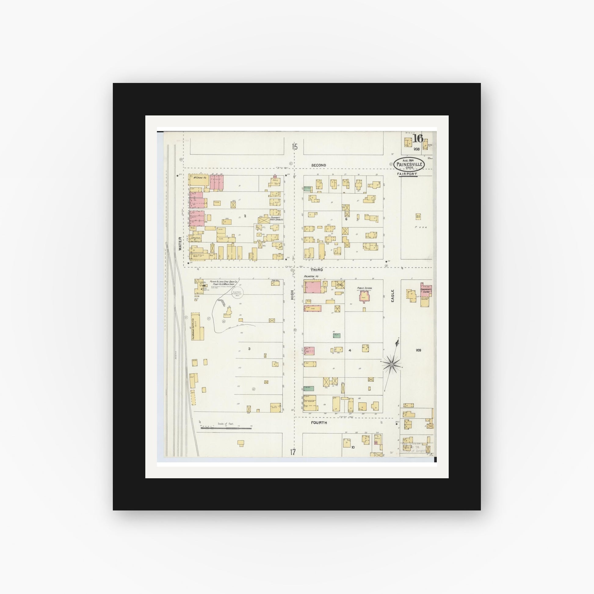 Old map wall art mockup — black gallery frame with white mat — Sanborn Fire Insurance Map from Painesville, Lake County, Ohio (1904), Sheet #0016