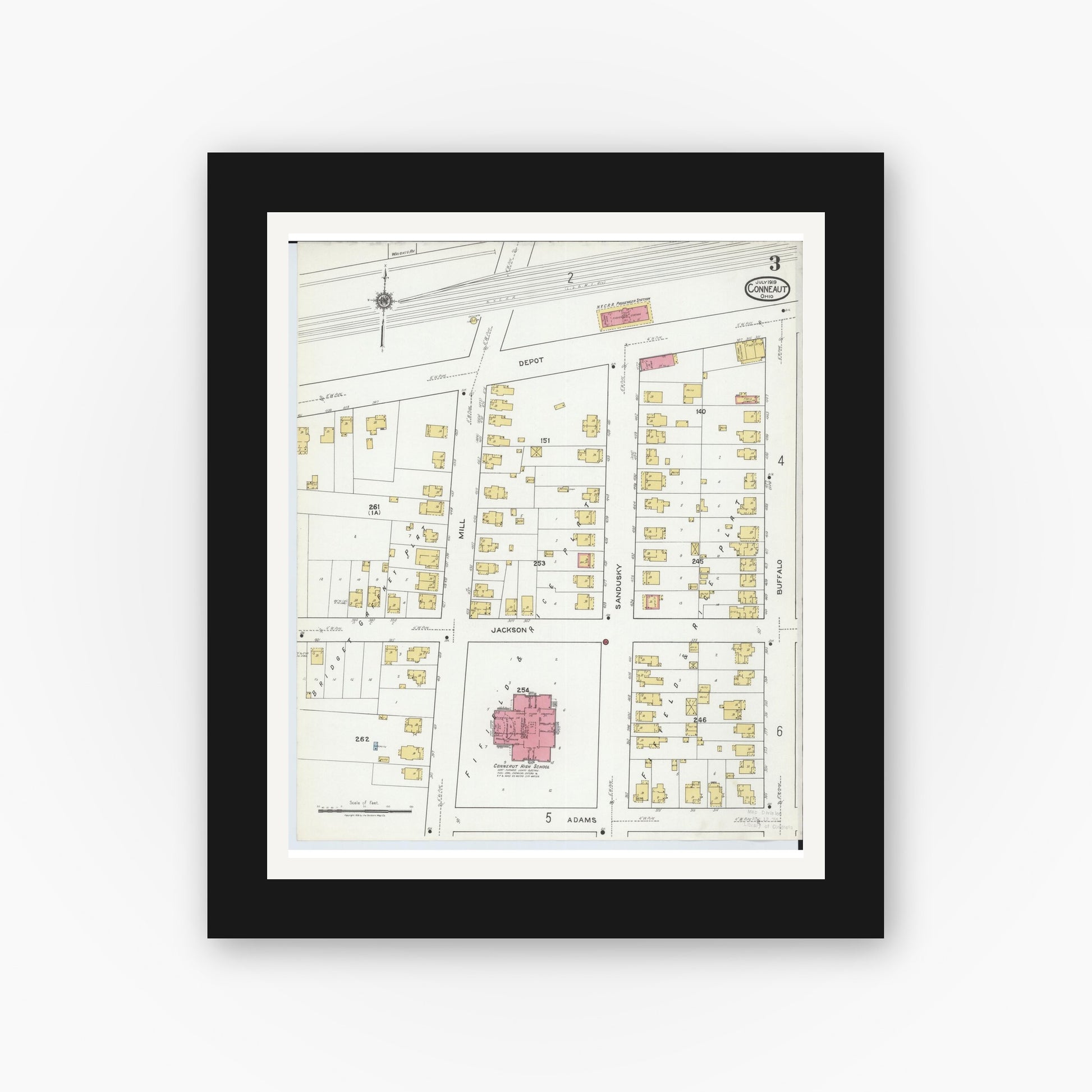 Old map wall art mockup — black gallery frame with white mat — Sanborn Fire Insurance Map from Conneaut, Ashtabula County, Ohio (1919), Sheet #0003