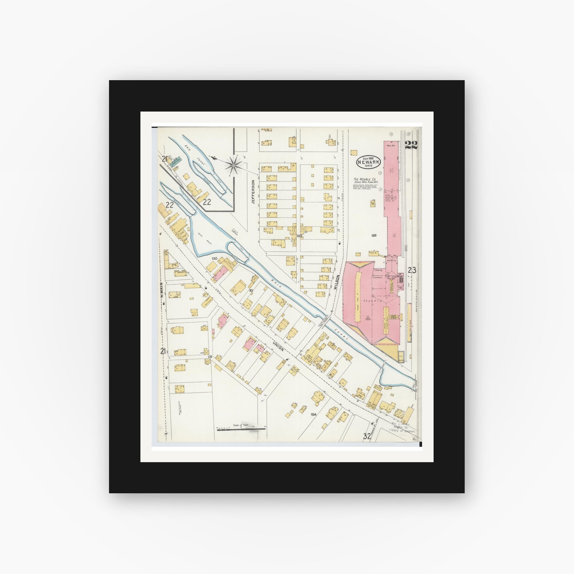 Old map wall art mockup — black gallery frame with white mat — Sanborn Fire Insurance Map from Newark, Licking County, Ohio (1905), Sheet #0022
