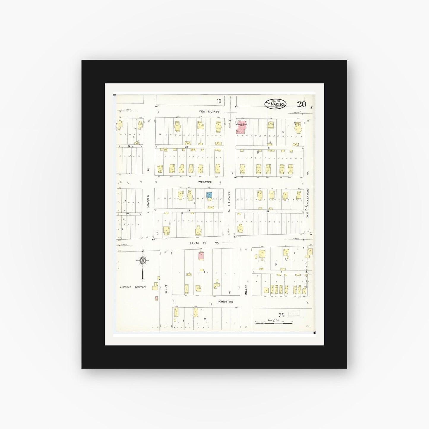 Old map wall art mockup — black gallery frame with white mat — Sanborn Fire Insurance Map from Fort Madison, Lee County, Iowa (1913), Sheet #0020