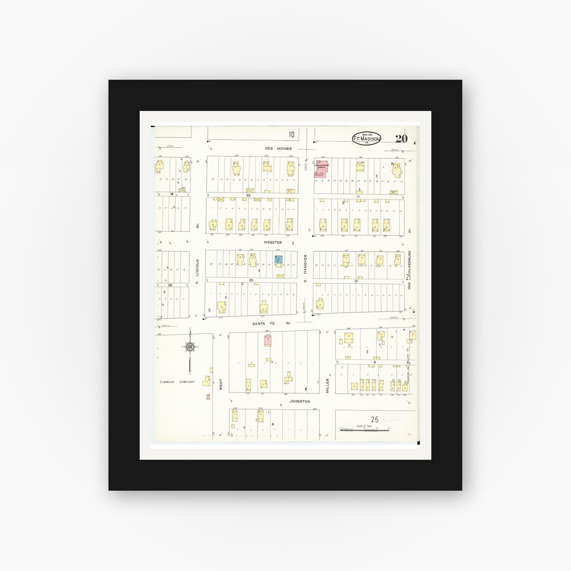 Old map wall art mockup — black gallery frame with white mat — Sanborn Fire Insurance Map from Fort Madison, Lee County, Iowa (1913), Sheet #0020