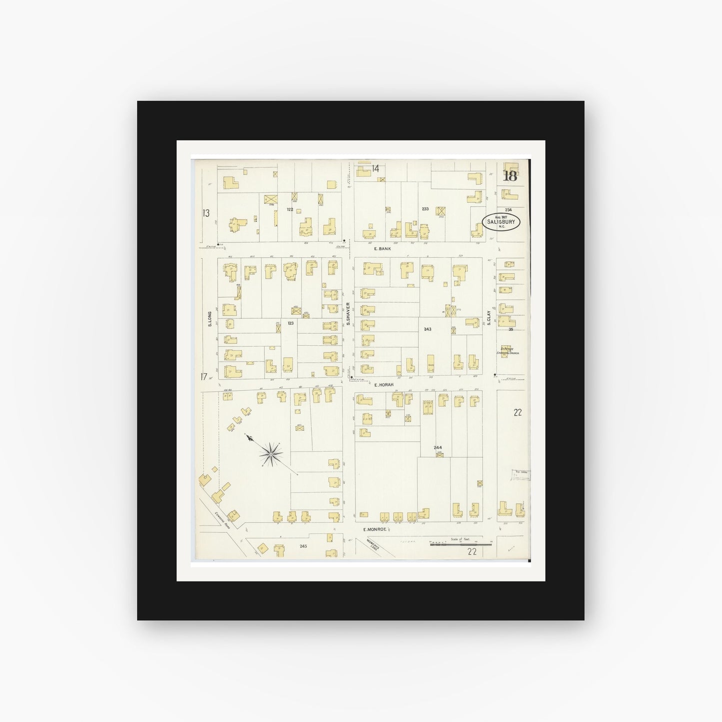 Old map wall art mockup — black gallery frame with white mat — Sanborn Fire Insurance Map from Salisbury, Rowan County, North Carolina (1907), Sheet #0018