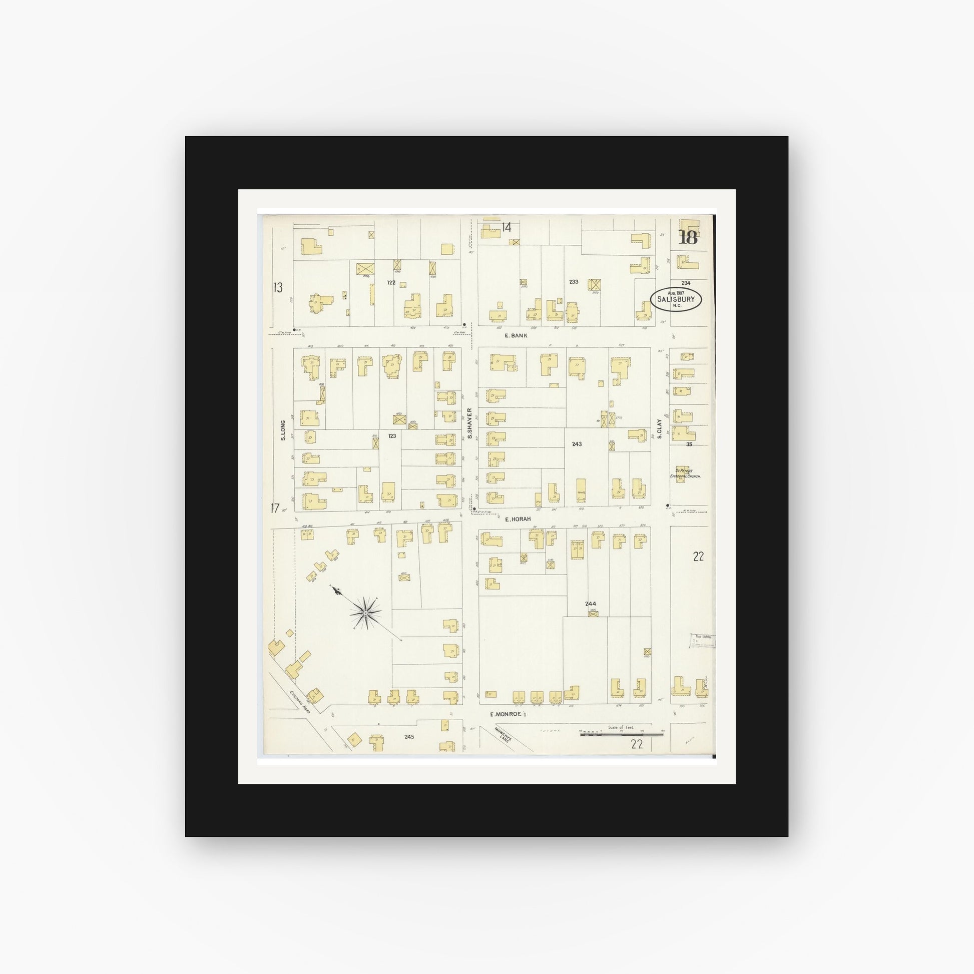 Old map wall art mockup — black gallery frame with white mat — Sanborn Fire Insurance Map from Salisbury, Rowan County, North Carolina (1907), Sheet #0018