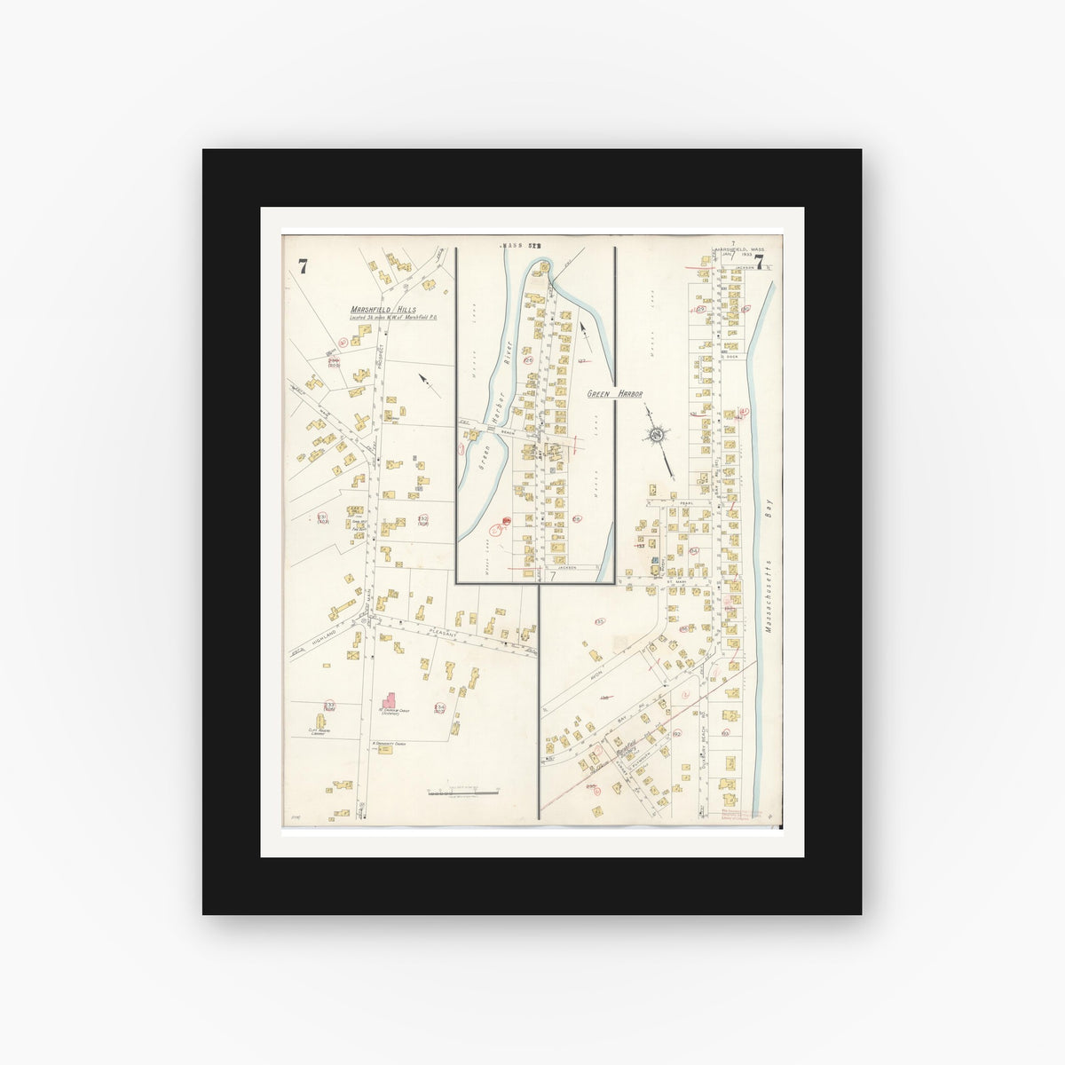 Old map wall art mockup — black gallery frame with white mat — Sanborn Fire Insurance Map from Marshfield, Plymouth County, Massachusetts (1942), Sheet #0007