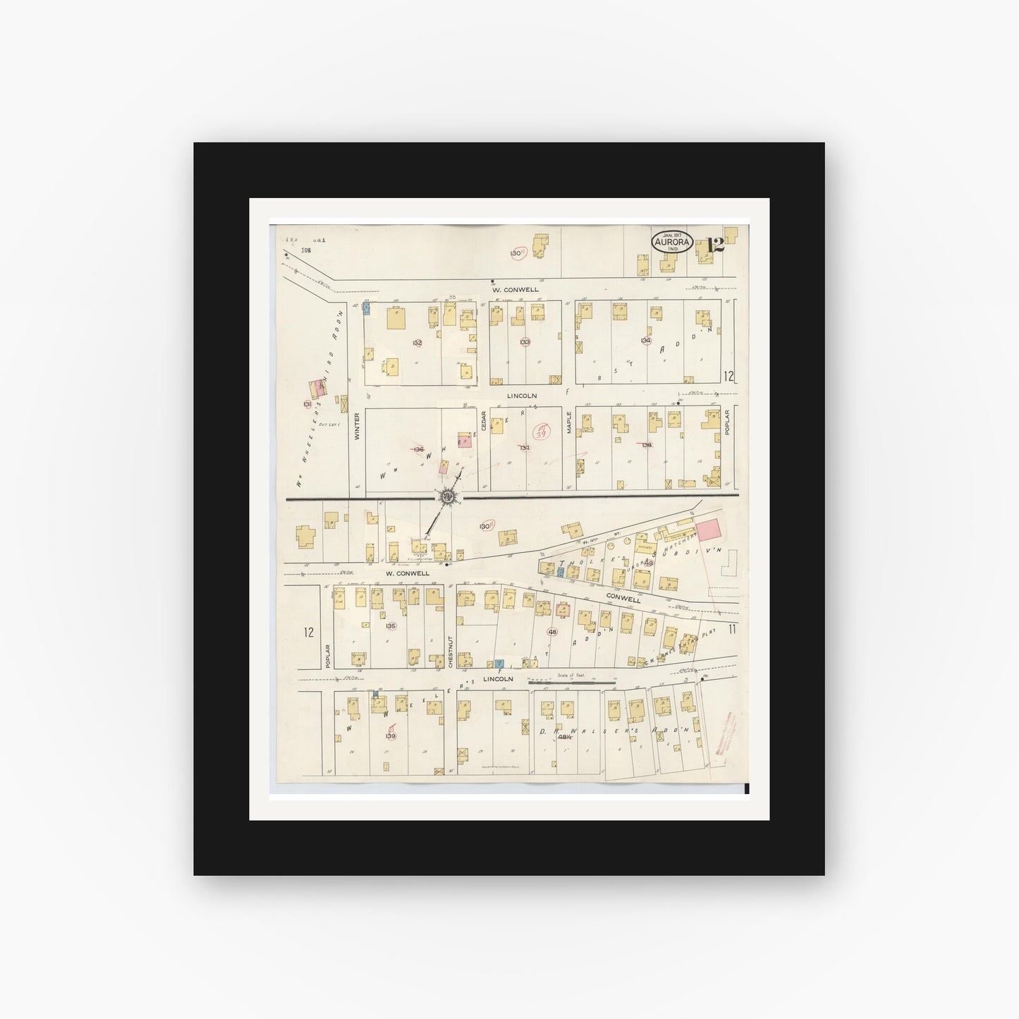 Old map wall art mockup — black gallery frame with white mat — Sanborn Fire Insurance Map from Aurora, Dearborn County, Indiana (1935), Sheet #0012