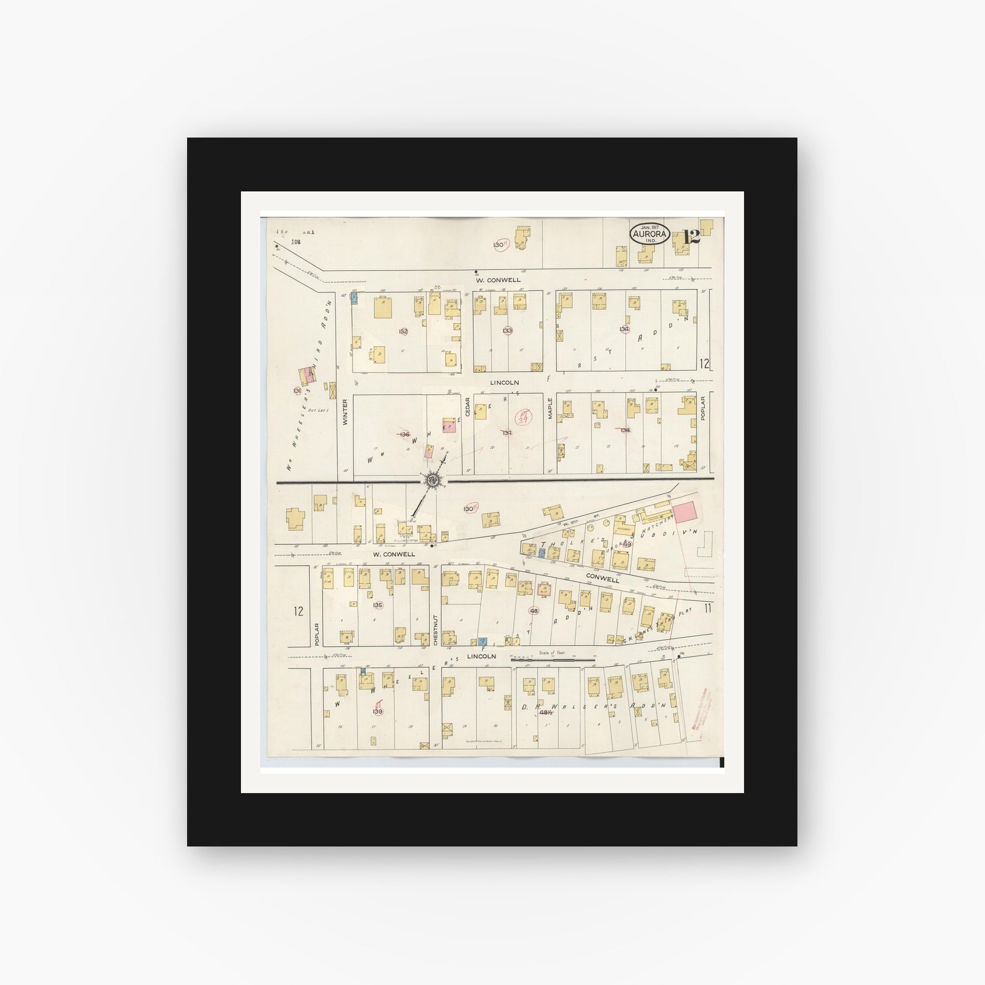 Old map wall art mockup — black gallery frame with white mat — Sanborn Fire Insurance Map from Aurora, Dearborn County, Indiana (1935), Sheet #0012