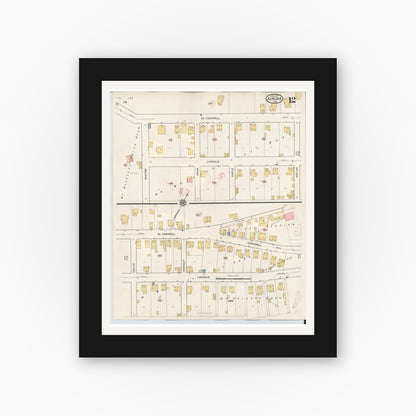 Old map wall art mockup — black gallery frame with white mat — Sanborn Fire Insurance Map from Aurora, Dearborn County, Indiana (1935), Sheet #0012