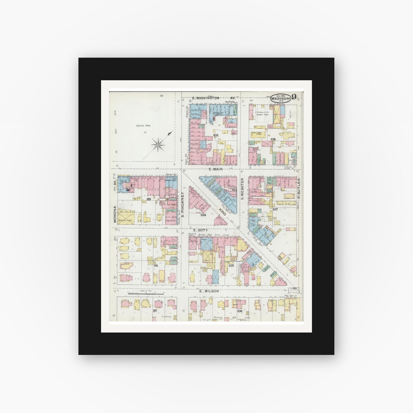 Old map wall art mockup — black gallery frame with white mat — Sanborn Fire Insurance Map from Madison, Dane County, Wisconsin (1892), Sheet #0009