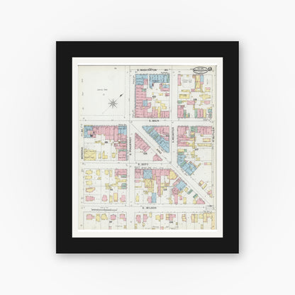 Old map wall art mockup — black gallery frame with white mat — Sanborn Fire Insurance Map from Madison, Dane County, Wisconsin (1892), Sheet #0009
