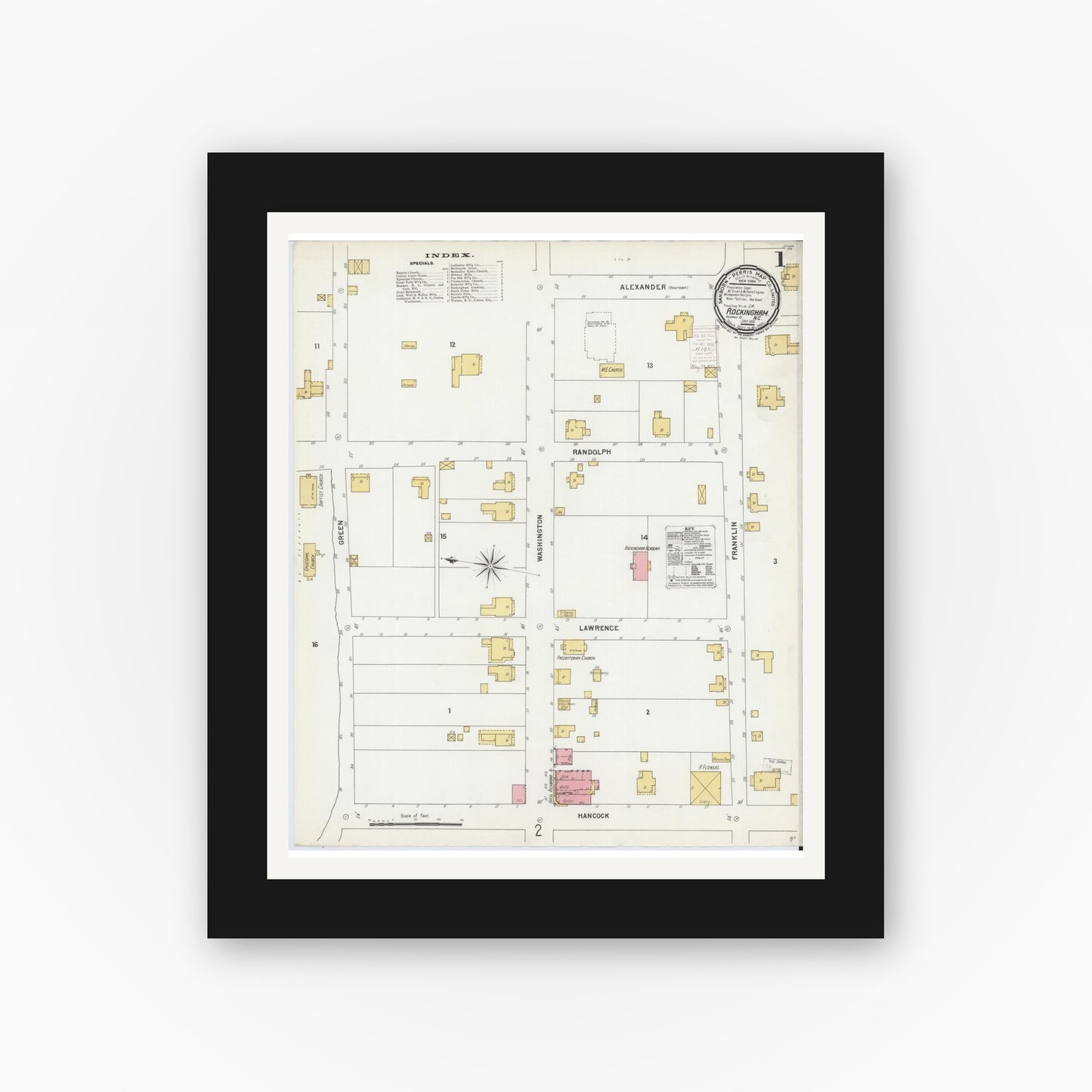 Old map wall art mockup — black gallery frame with white mat — Sanborn Fire Insurance Map from Rockingham, Richmond County, North Carolina (1900) - Complete Map Set