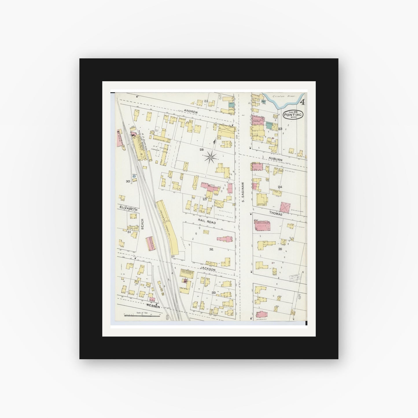 Old map wall art mockup — black gallery frame with white mat — Sanborn Fire Insurance Map from Pontiac, Oakland County, Michigan (1892), Sheet #0004