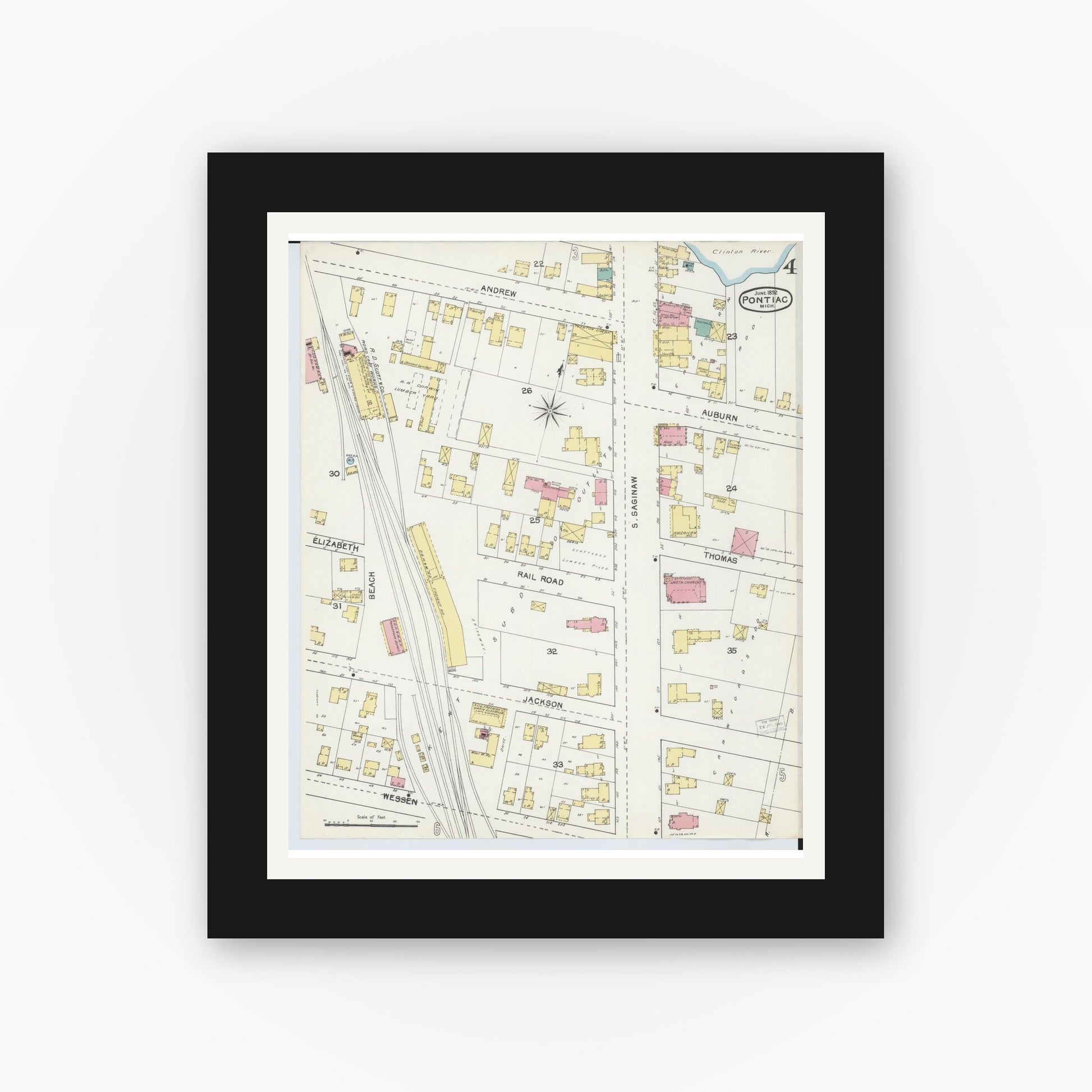 Old map wall art mockup — black gallery frame with white mat — Sanborn Fire Insurance Map from Pontiac, Oakland County, Michigan (1892), Sheet #0004