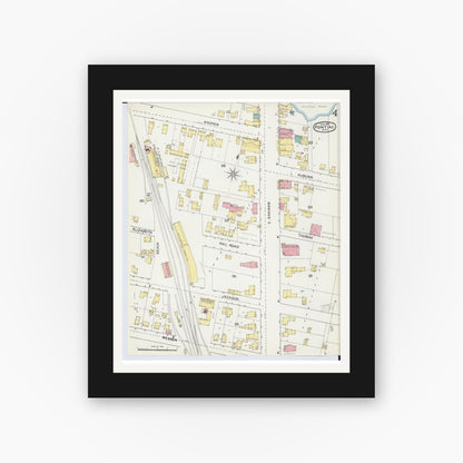 Old map wall art mockup — black gallery frame with white mat — Sanborn Fire Insurance Map from Pontiac, Oakland County, Michigan (1892), Sheet #0004