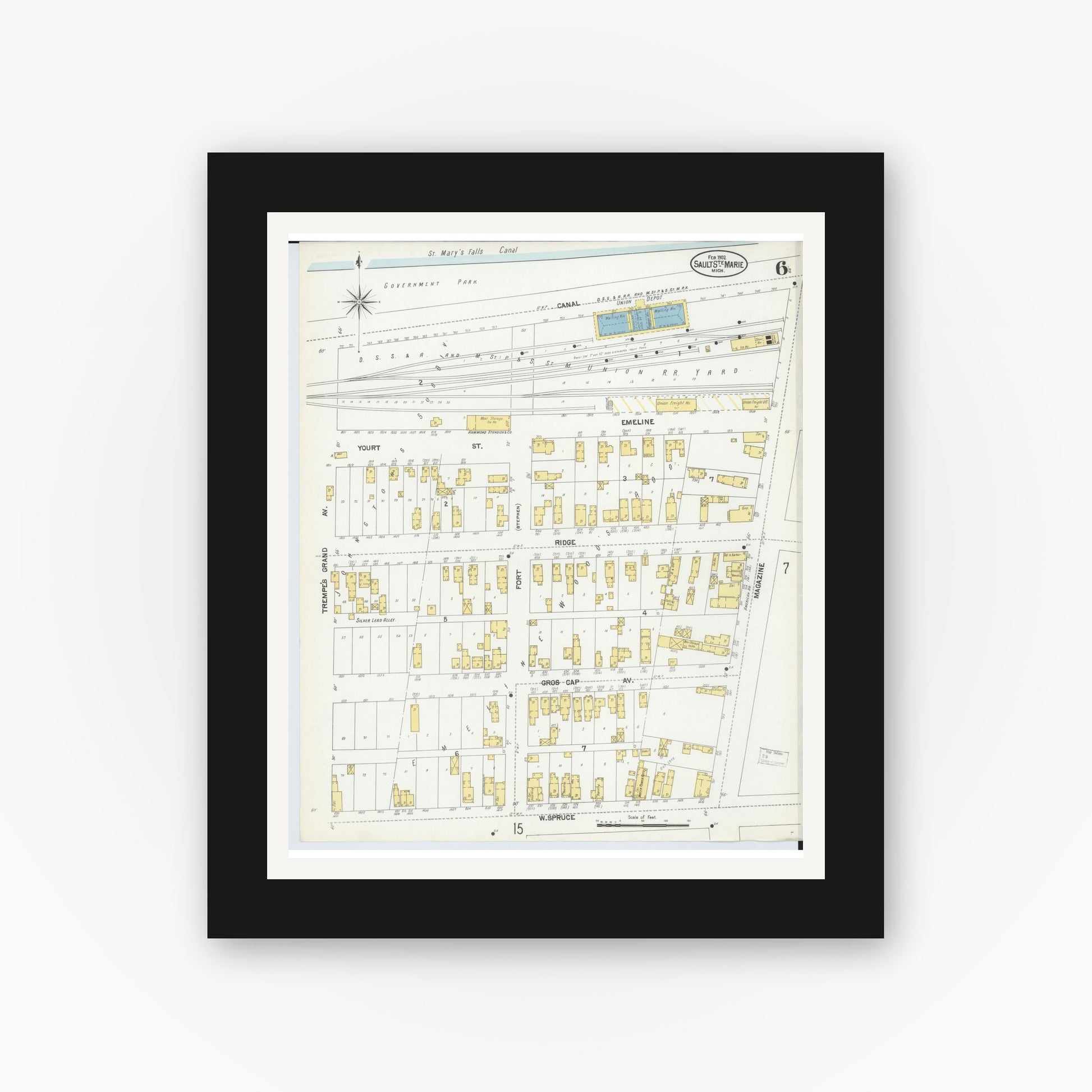 Old map wall art mockup — black gallery frame with white mat — Sanborn Fire Insurance Map from Sault Sainte Marie, Chippewa County, Michigan (1902), Sheet #0006