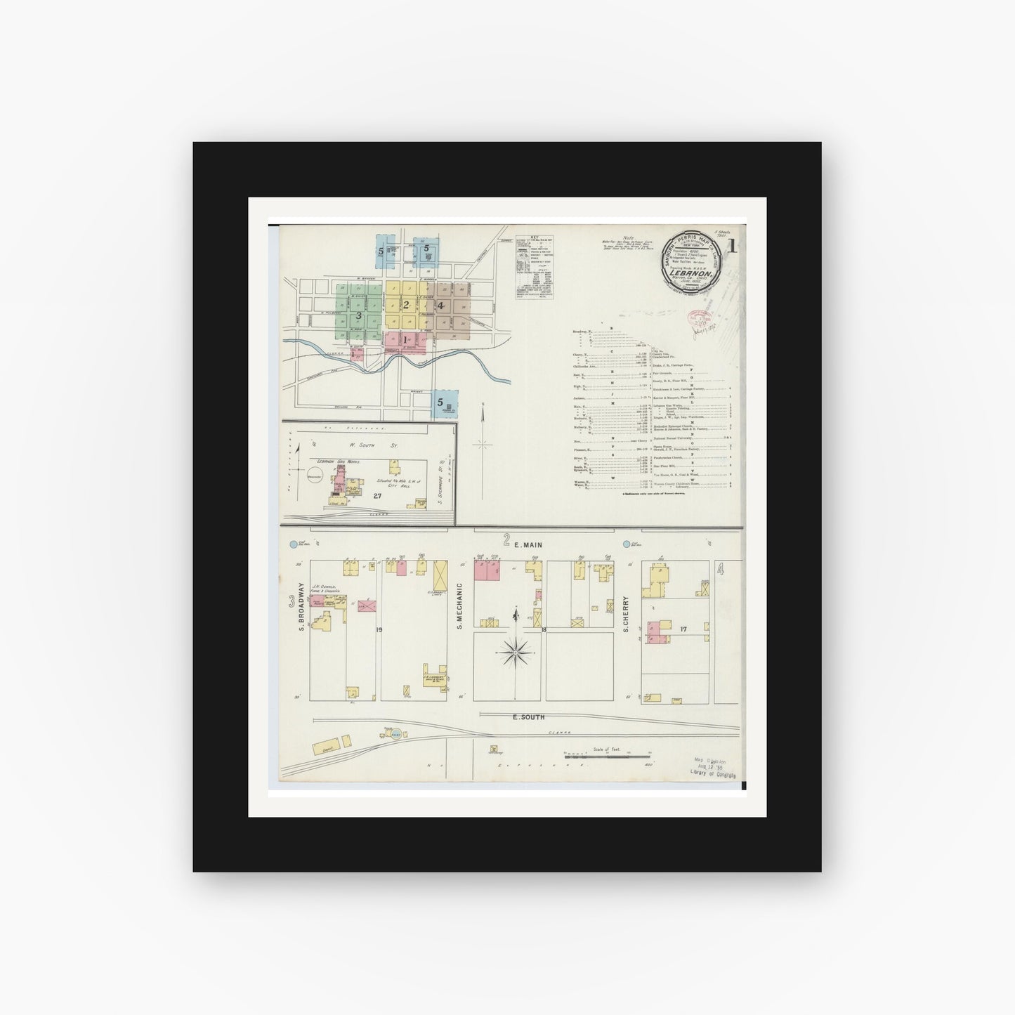 Old map wall art mockup — black gallery frame with white mat — Sanborn Fire Insurance Map from Lebanon, Warren County, Ohio (1895), Sheet #0001