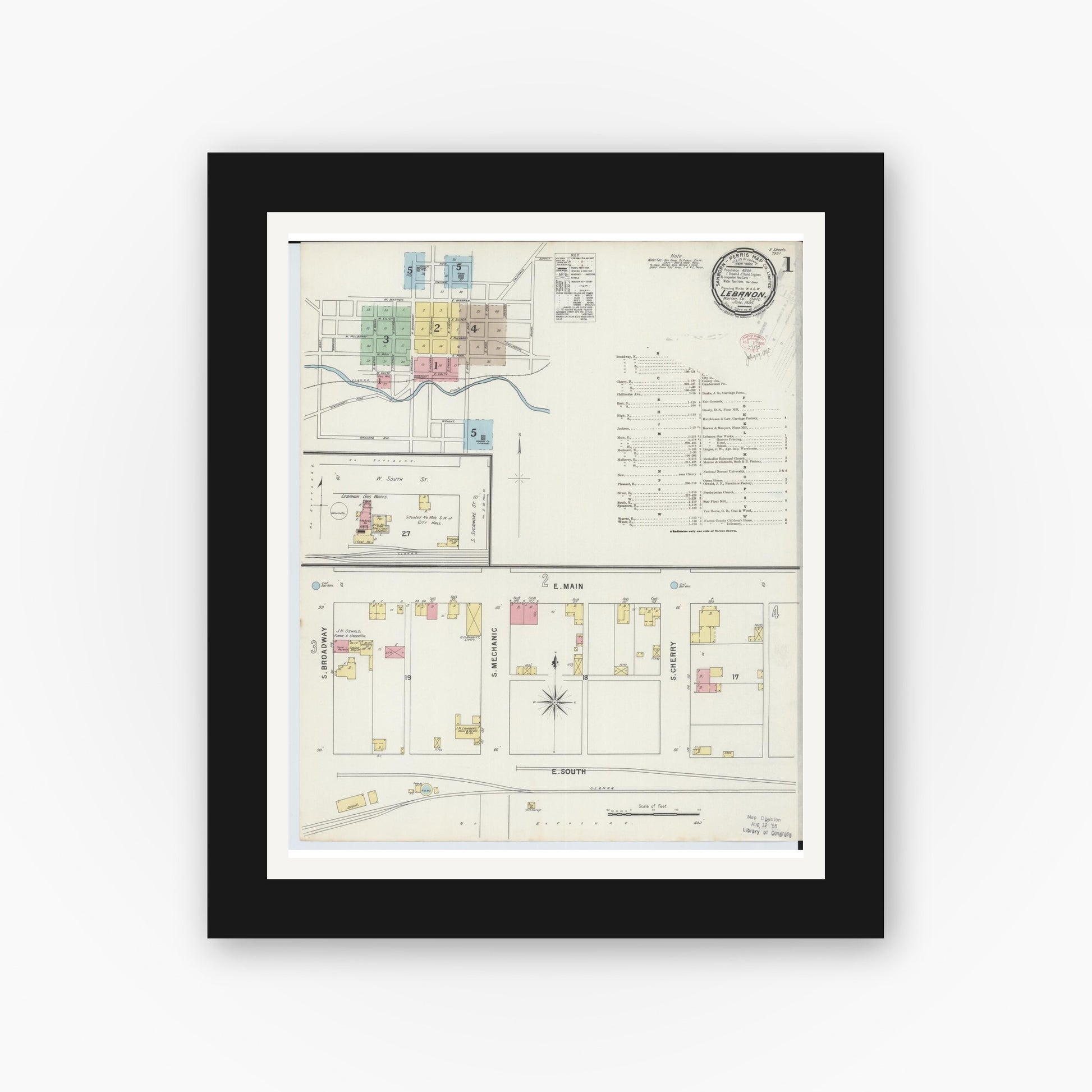 Old map wall art mockup — black gallery frame with white mat — Sanborn Fire Insurance Map from Lebanon, Warren County, Ohio (1895), Sheet #0001