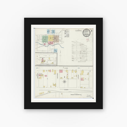 Old map wall art mockup — black gallery frame with white mat — Sanborn Fire Insurance Map from Lebanon, Warren County, Ohio (1895), Sheet #0001