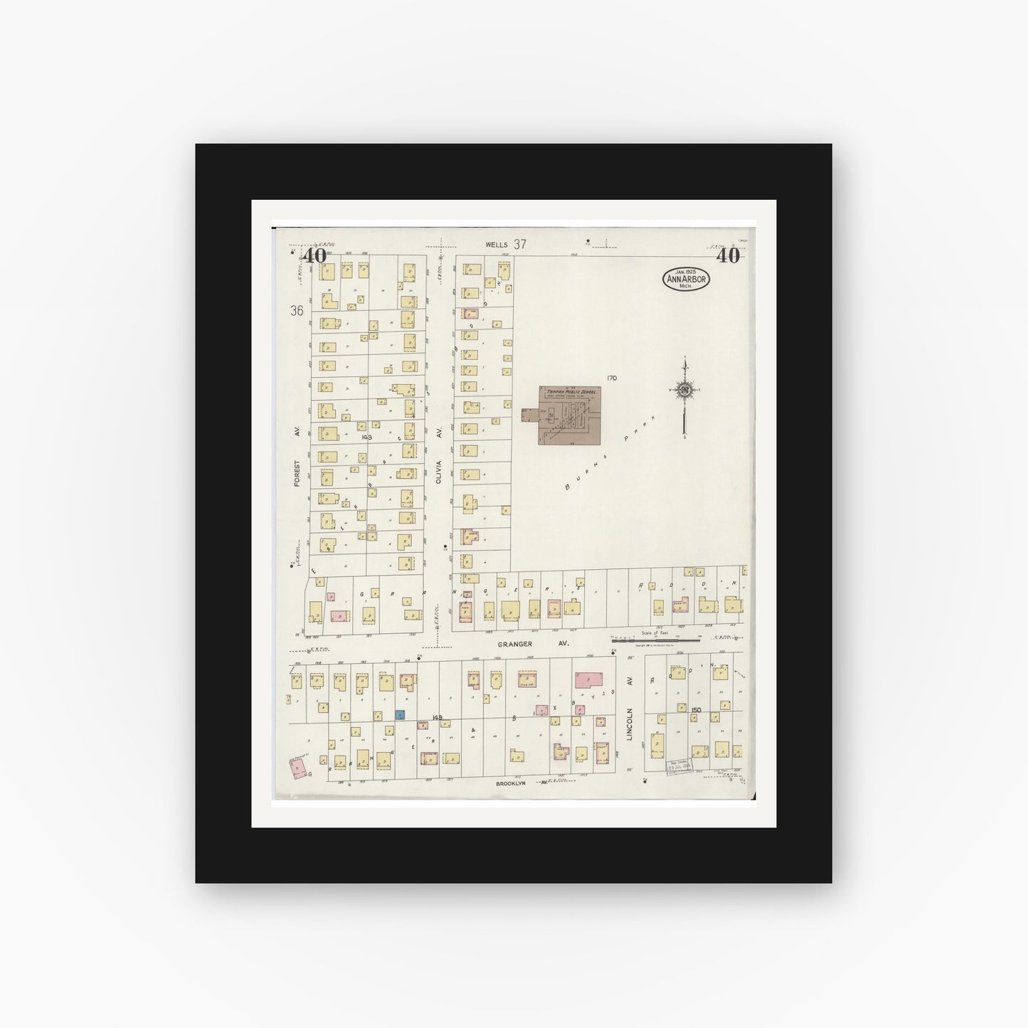 Old map wall art mockup — black gallery frame with white mat — Sanborn Fire Insurance Map from Ann Arbor, Washtenaw County, Michigan (1925), Sheet #0040