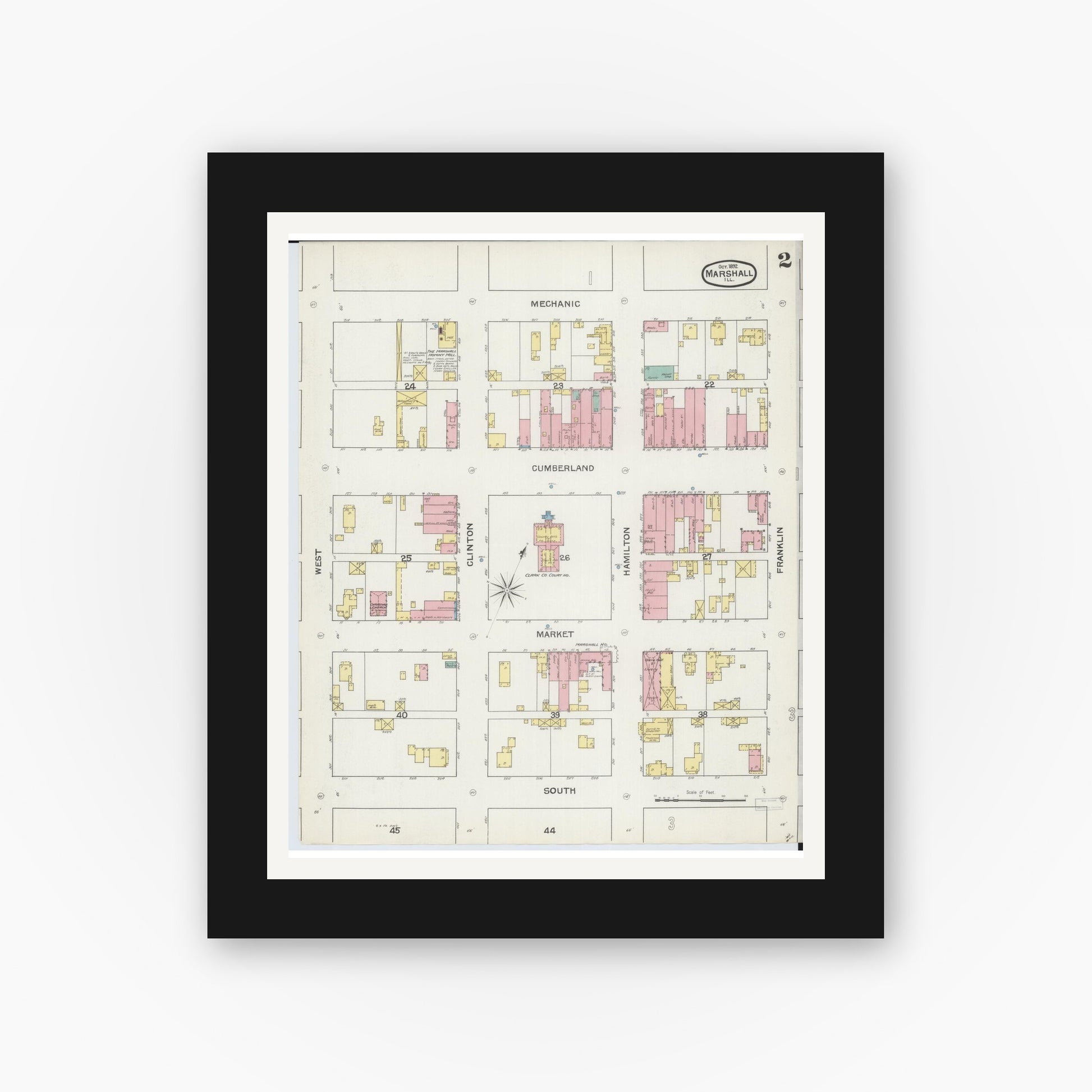 Old map wall art mockup — black gallery frame with white mat — Sanborn Fire Insurance Map from Marshall, Clark County, Illinois (1892), Sheet #0002