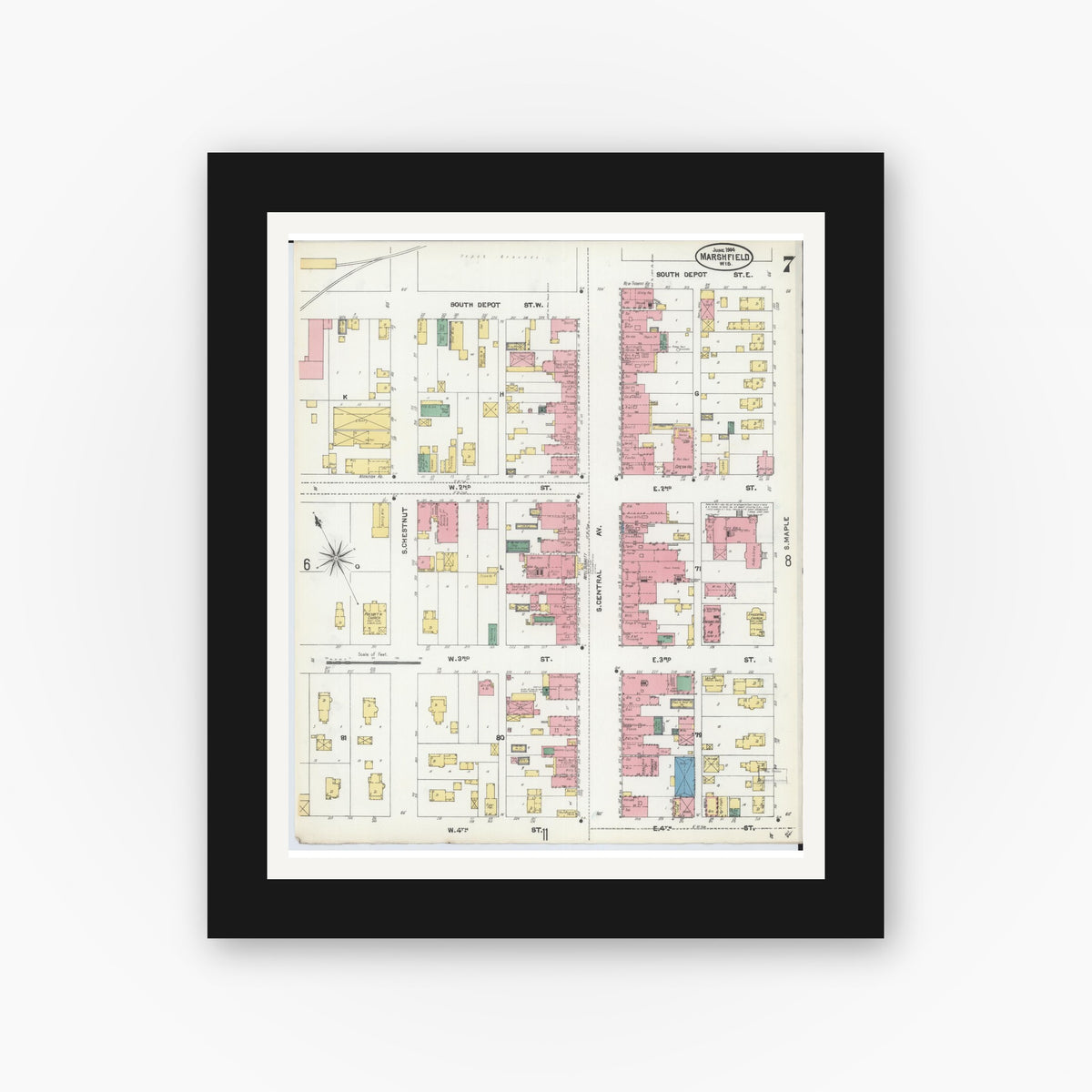 Old map wall art mockup — black gallery frame with white mat — Sanborn Fire Insurance Map from Marshfield, Wood County, Wisconsin (1904), Sheet #0007
