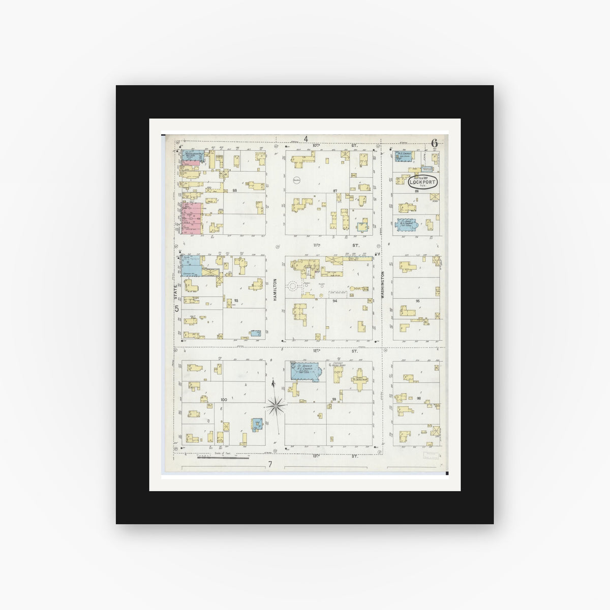 Old map wall art mockup — black gallery frame with white mat — Sanborn Fire Insurance Map from Lockport, Will County, Illinois (1897), Sheet #0006