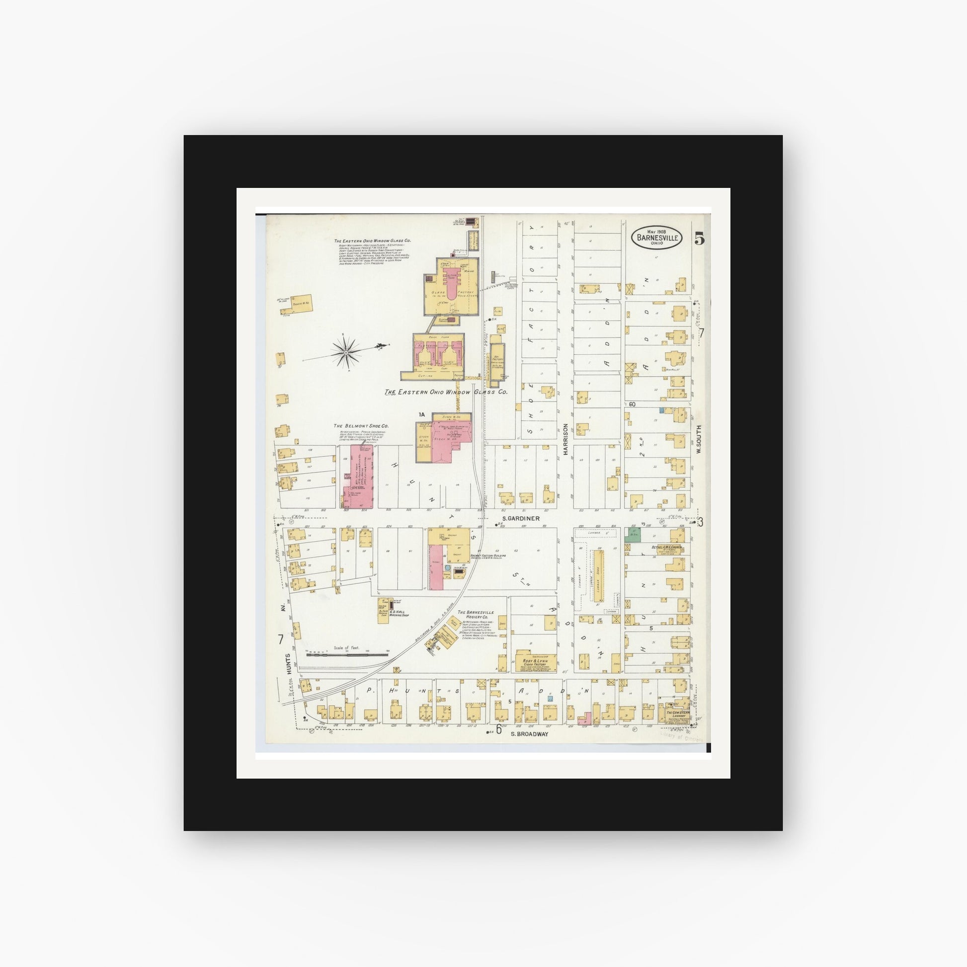Old map wall art mockup — black gallery frame with white mat — Sanborn Fire Insurance Map from Barnesville, Belmont County, Ohio (1908), Sheet #0005