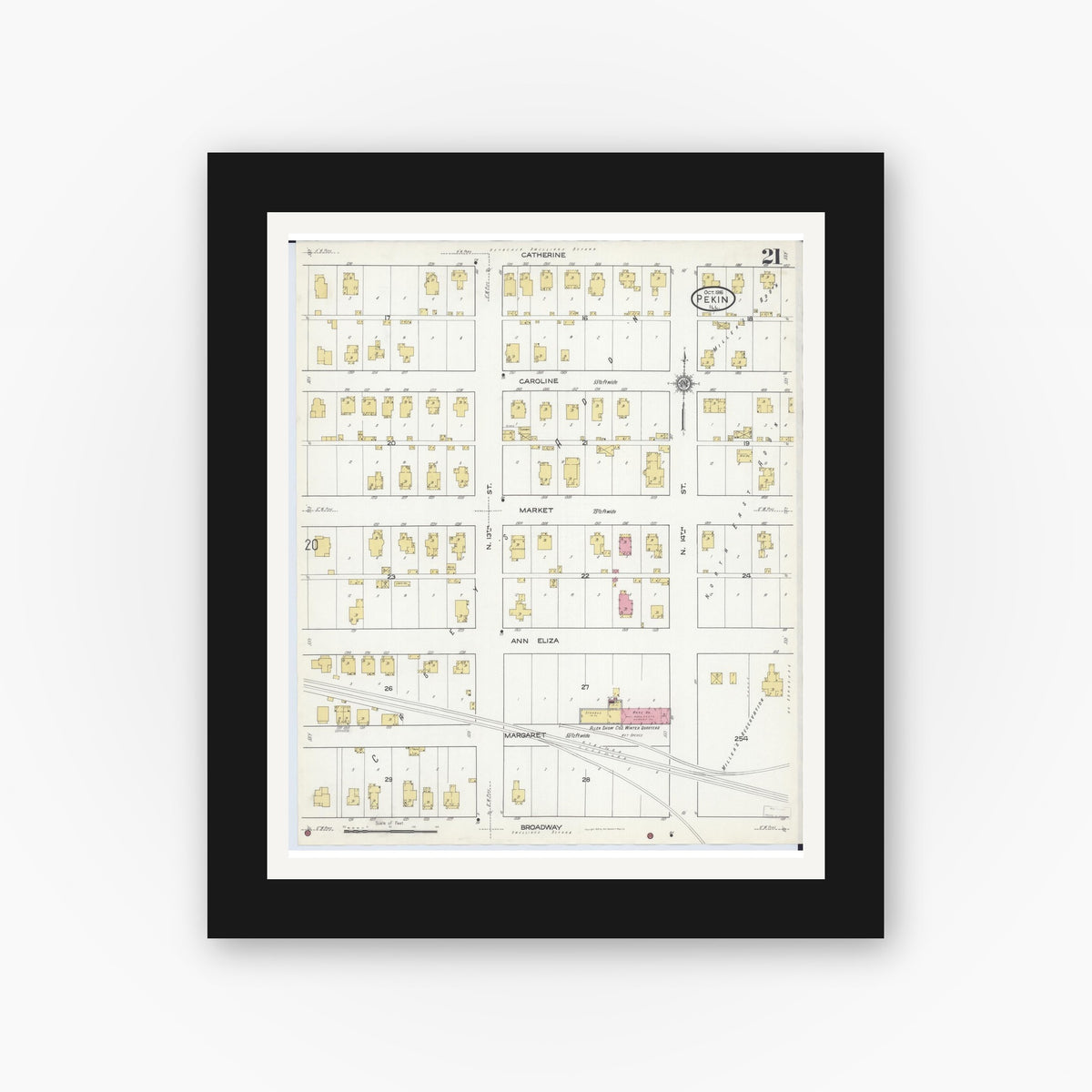 Old map wall art mockup — black gallery frame with white mat — Sanborn Fire Insurance Map from Pekin, Tazewell County, Illinois (1916), Sheet #0021