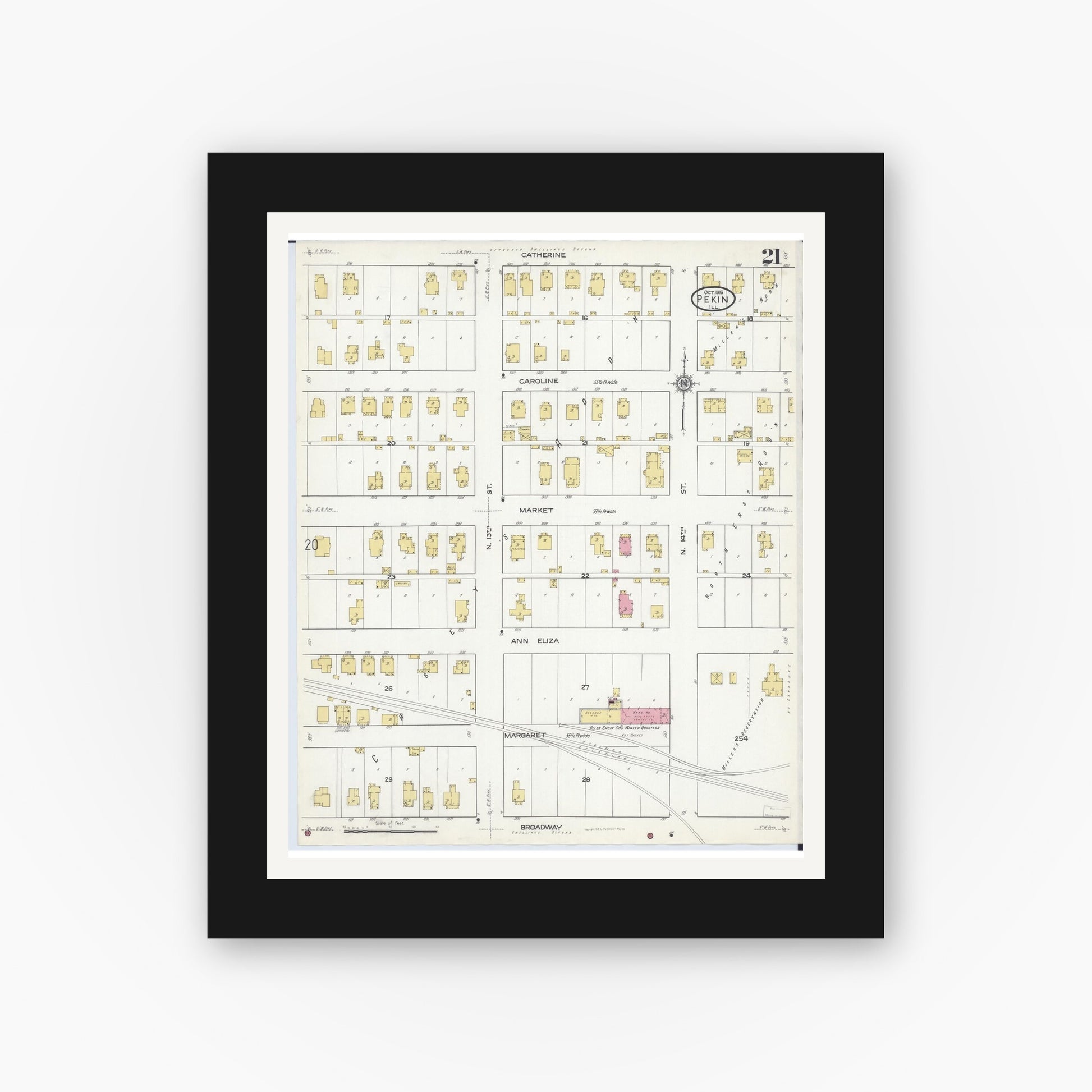 Old map wall art mockup — black gallery frame with white mat — Sanborn Fire Insurance Map from Pekin, Tazewell County, Illinois (1916), Sheet #0021