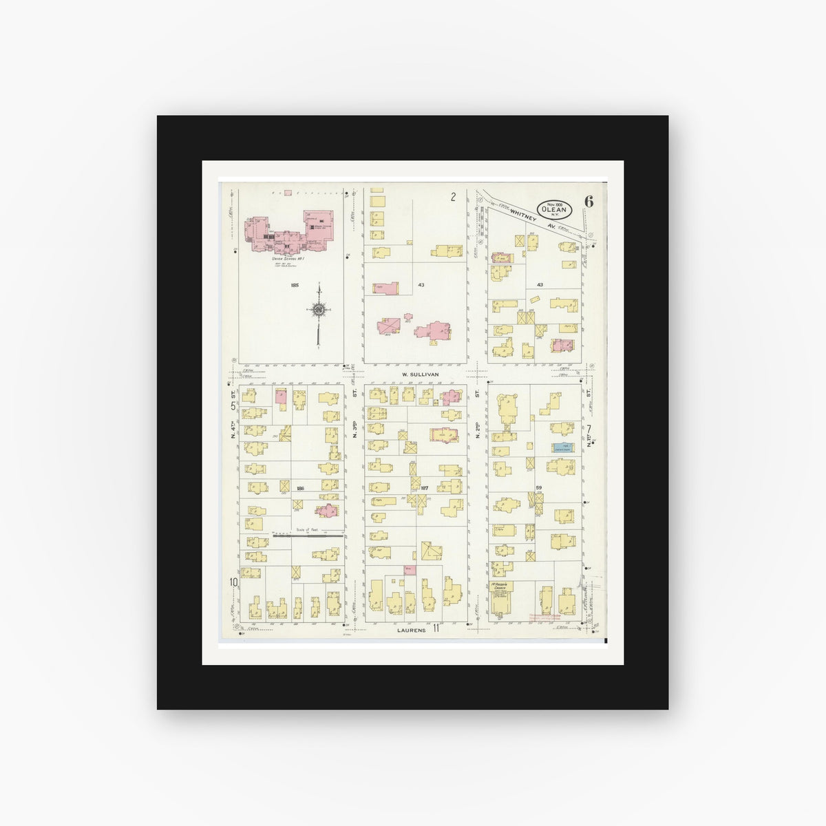 Old map wall art mockup — black gallery frame with white mat — Sanborn Fire Insurance Map from Olean, Cattaraugus County, New York (1909), Sheet #0006