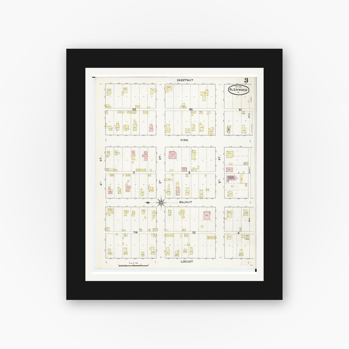 Old map wall art mockup — black gallery frame with white mat — Sanborn Fire Insurance Map from Glenwood, Mills County, Iowa (1891), Sheet #0003