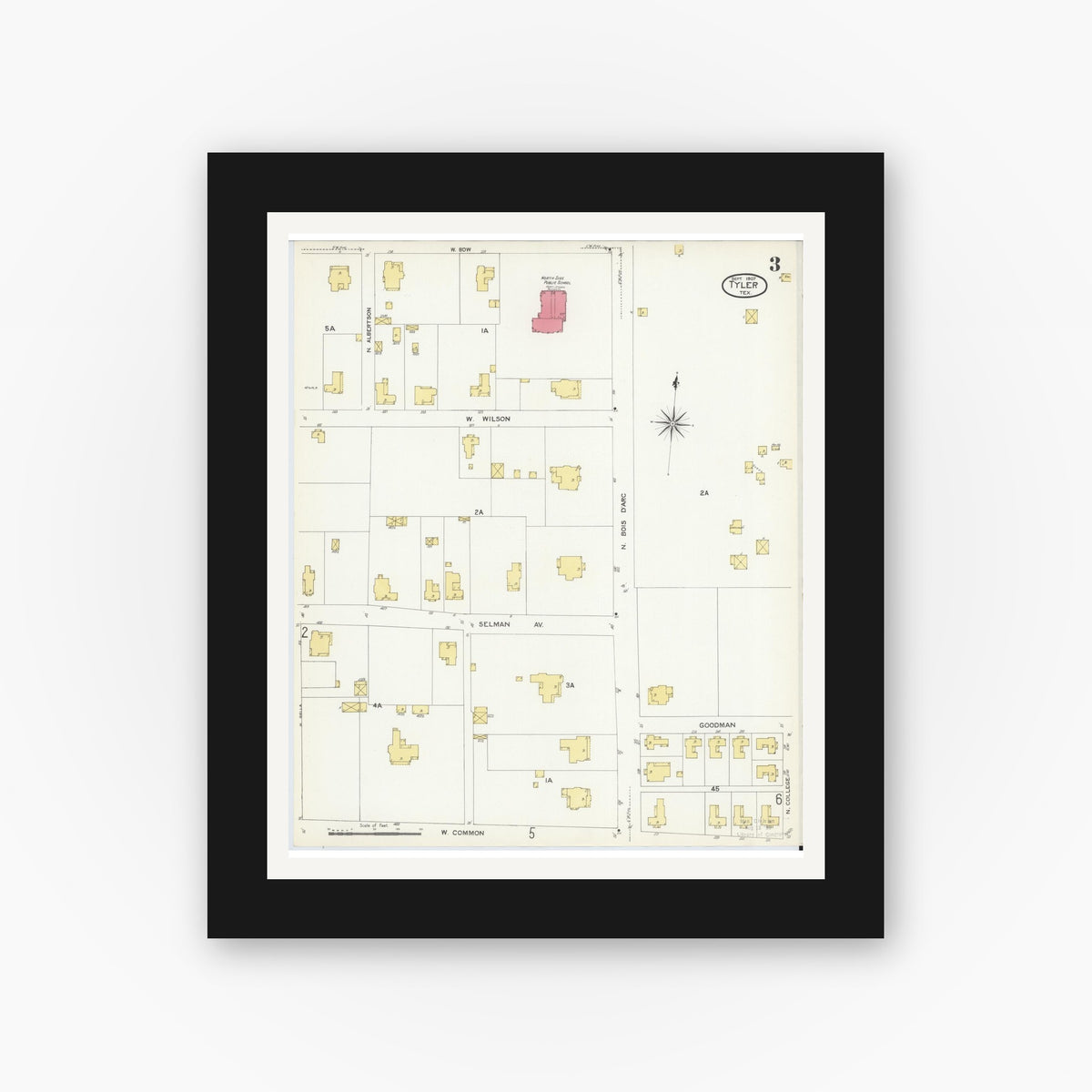 Old map wall art mockup — black gallery frame with white mat — Sanborn Fire Insurance Map from Tyler, Smith County, Texas (1907), Sheet #0003