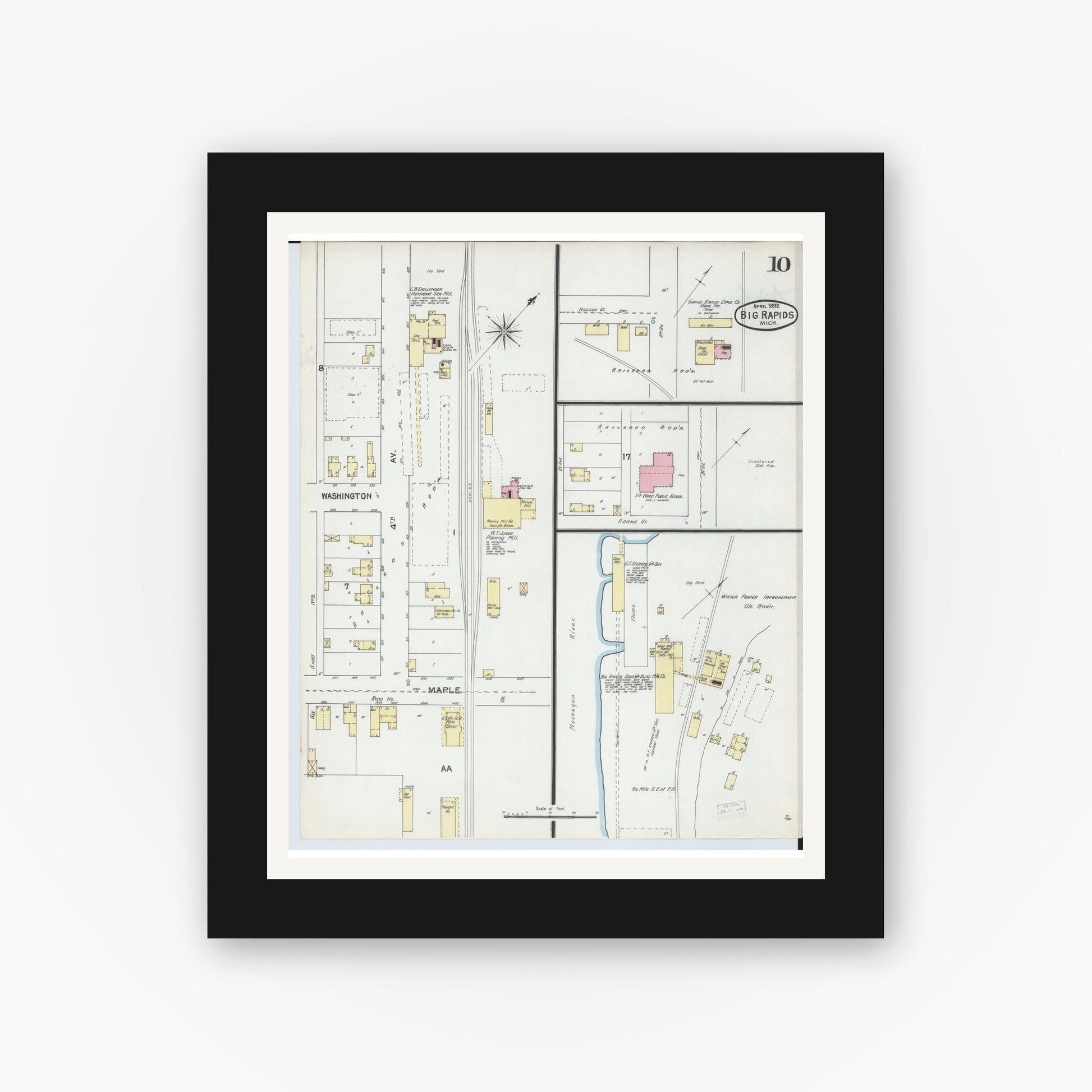 Old map wall art mockup — black gallery frame with white mat — Sanborn Fire Insurance Map from Big Rapids, Mecosta County, Michigan (1892), Sheet #0010