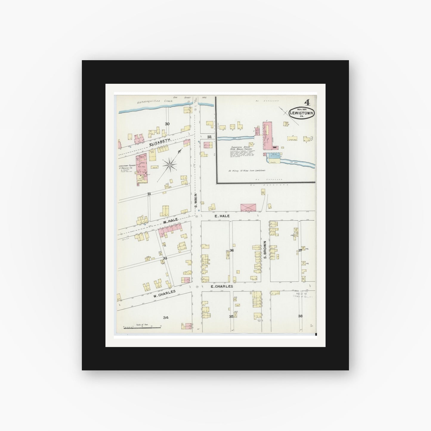 Old map wall art mockup — black gallery frame with white mat — Sanborn Fire Insurance Map from Lewistown, Mifflin County, Pennsylvania (1891), Sheet #0004