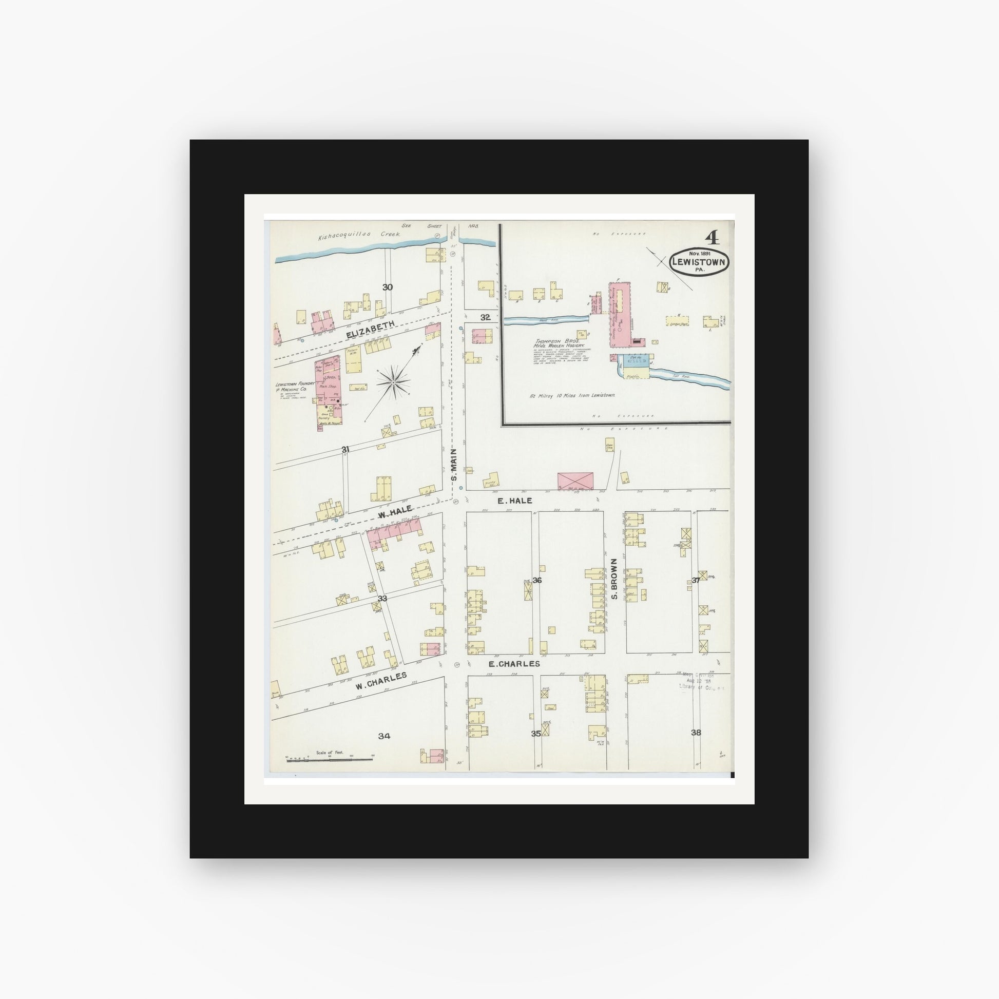 Old map wall art mockup — black gallery frame with white mat — Sanborn Fire Insurance Map from Lewistown, Mifflin County, Pennsylvania (1891), Sheet #0004