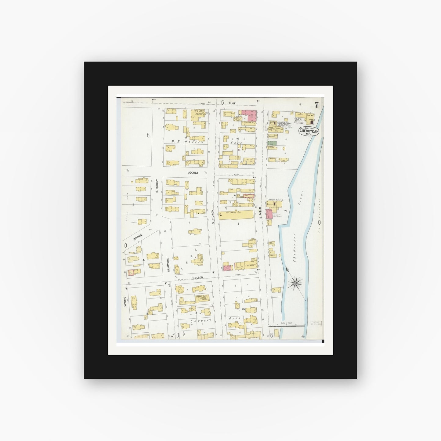 Old map wall art mockup — black gallery frame with white mat — Sanborn Fire Insurance Map from Cheboygan, Cheboygan County, Michigan (1900), Sheet #0007