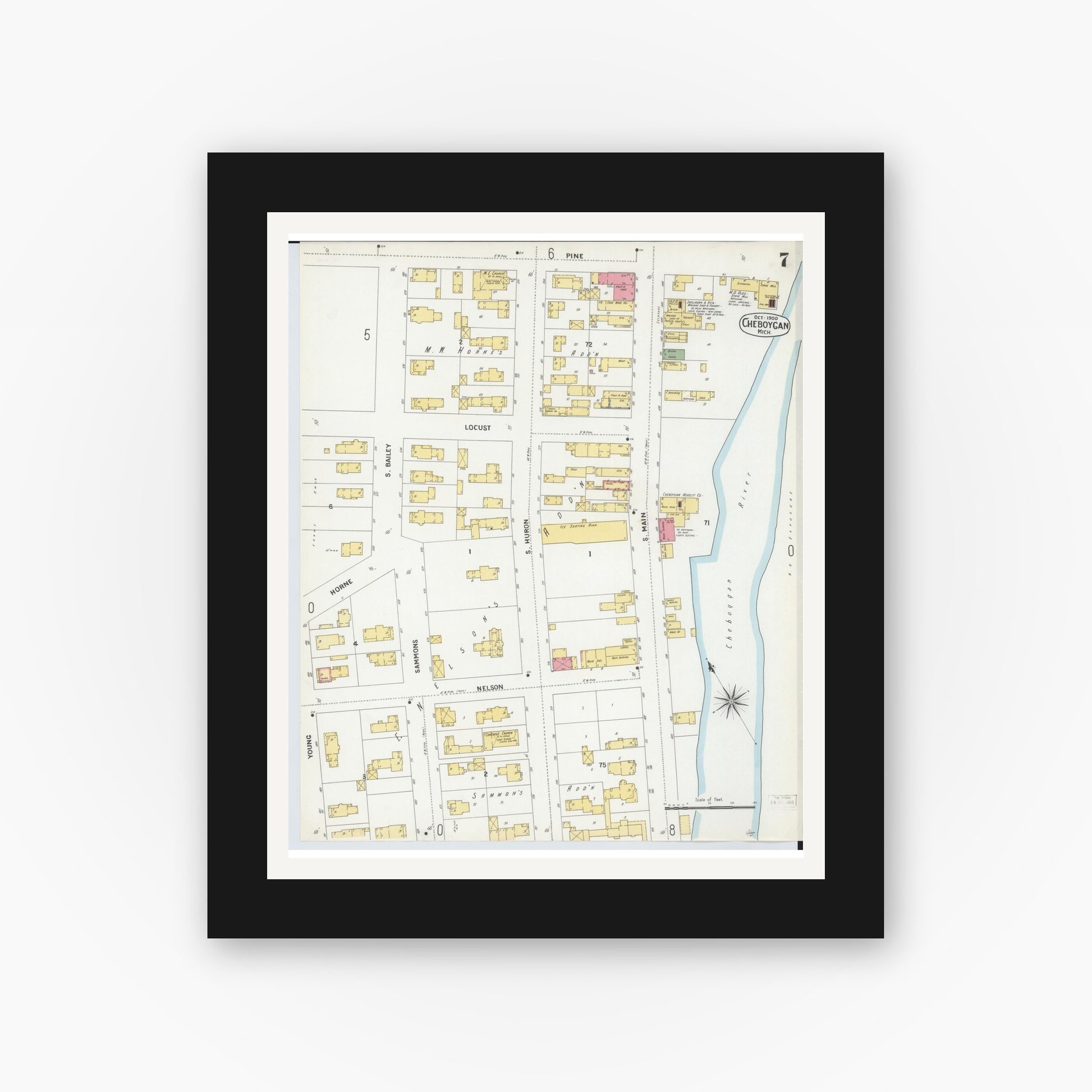 Old map wall art mockup — black gallery frame with white mat — Sanborn Fire Insurance Map from Cheboygan, Cheboygan County, Michigan (1900), Sheet #0007