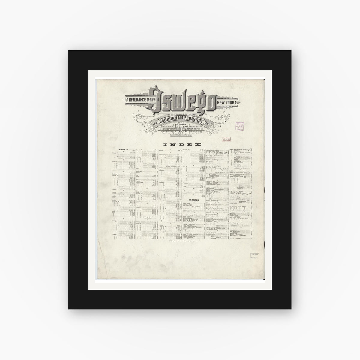 Old map wall art mockup — black gallery frame with white mat — Sanborn Fire Insurance Map from Oswego, Oswego County, New York (1907), Sheet #0001