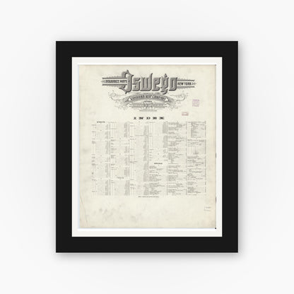 Old map wall art mockup — black gallery frame with white mat — Sanborn Fire Insurance Map from Oswego, Oswego County, New York (1907), Sheet #0001