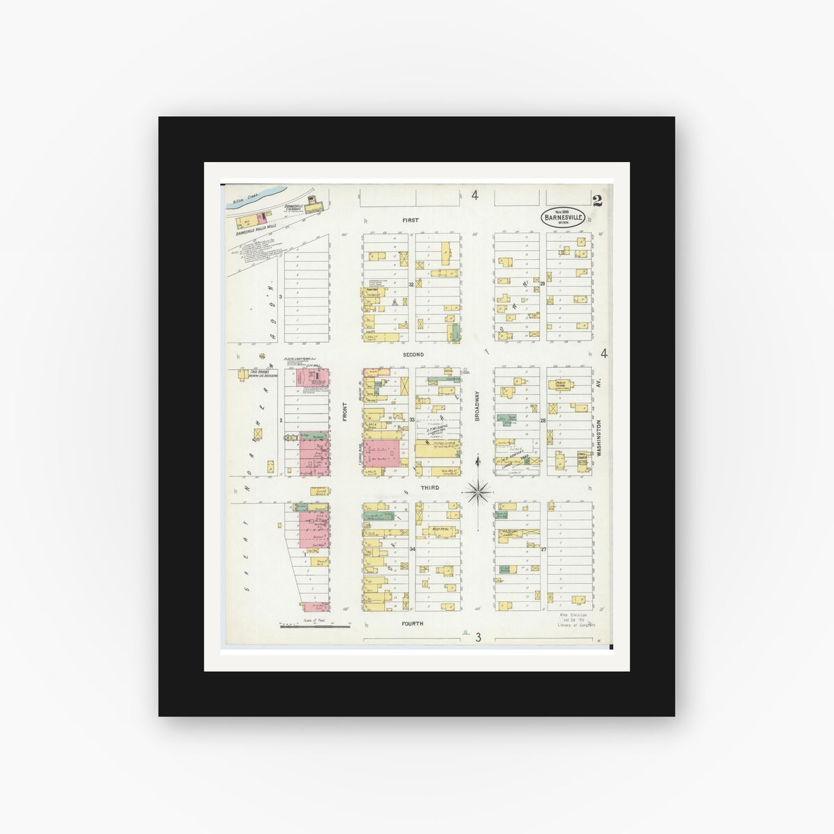 Old map wall art mockup — black gallery frame with white mat — Sanborn Fire Insurance Map from Barnesville, Clay County, Minnesota (1899), Sheet #0002