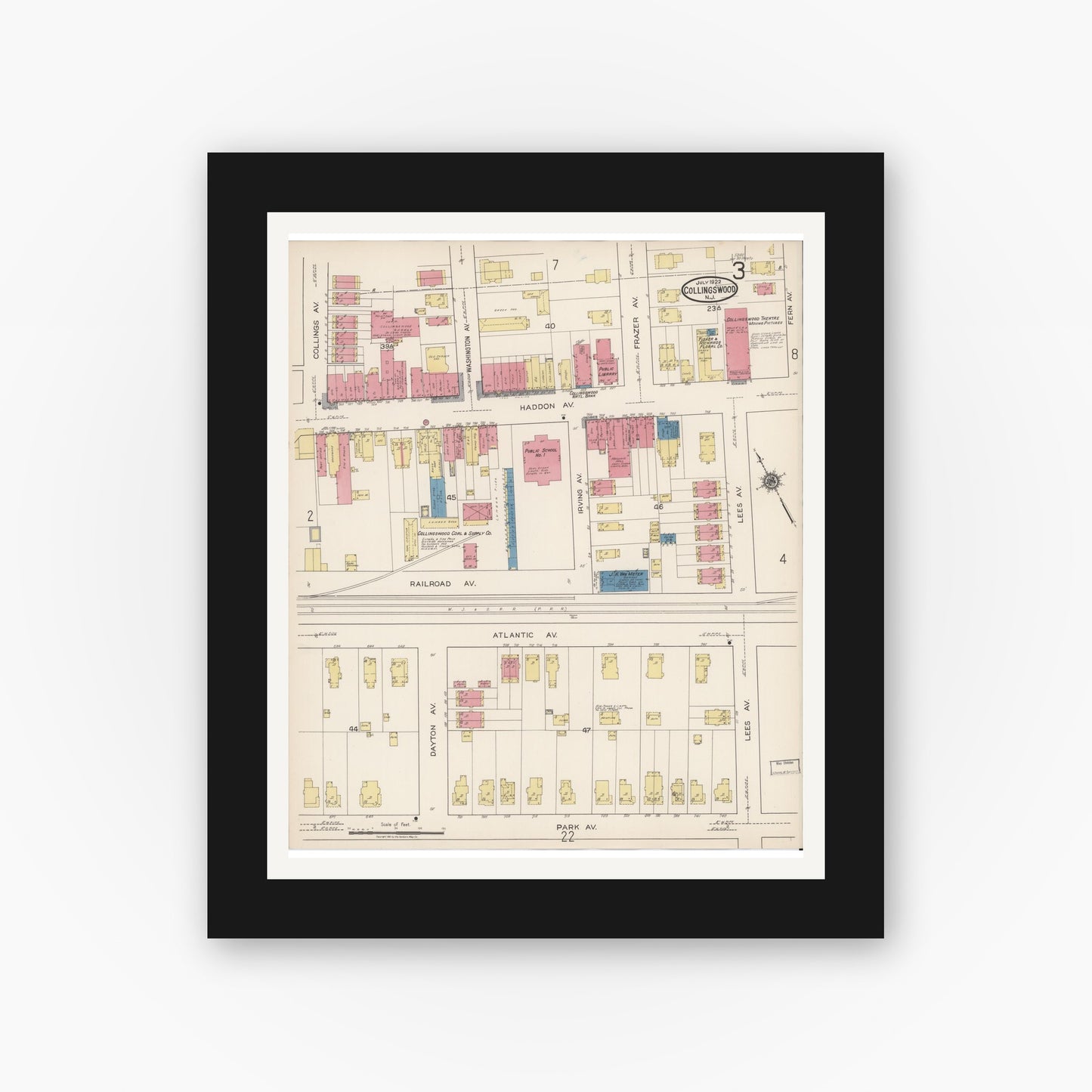 Old map wall art mockup — black gallery frame with white mat — Sanborn Fire Insurance Map from Collingswood, Camden County, New Jersey (1922), Sheet #0003