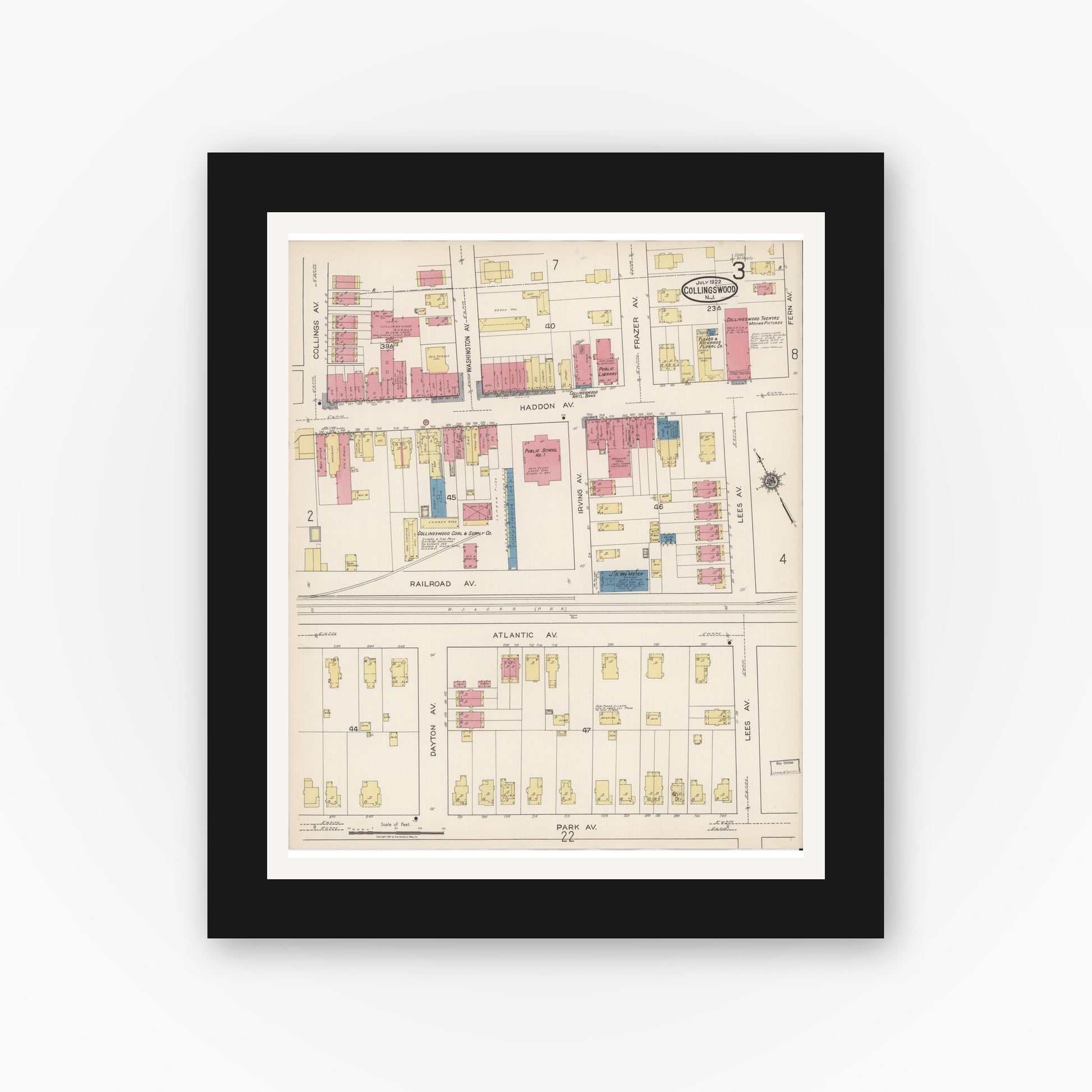Old map wall art mockup — black gallery frame with white mat — Sanborn Fire Insurance Map from Collingswood, Camden County, New Jersey (1922), Sheet #0003