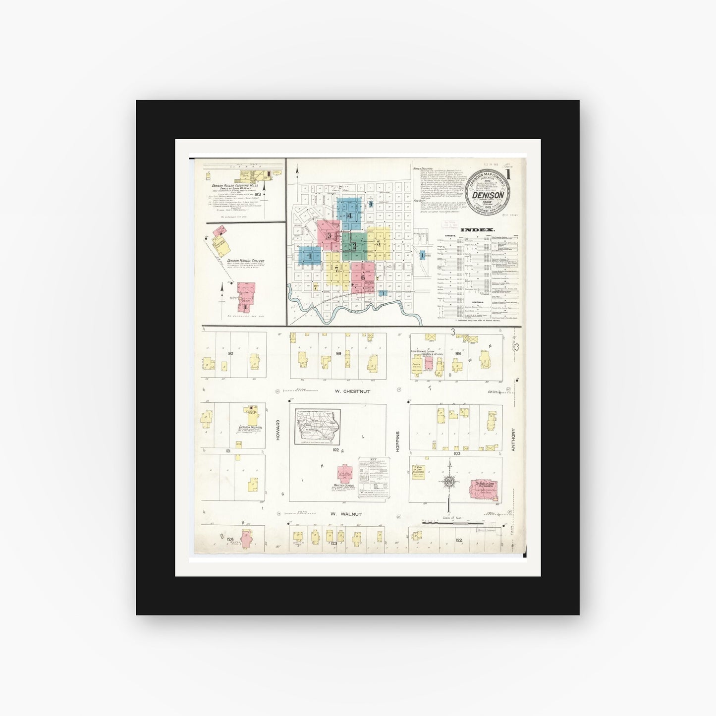 Old map wall art mockup — black gallery frame with white mat — Sanborn Fire Insurance Map from Denison, Crawford County, Iowa (1913), Sheet #0001
